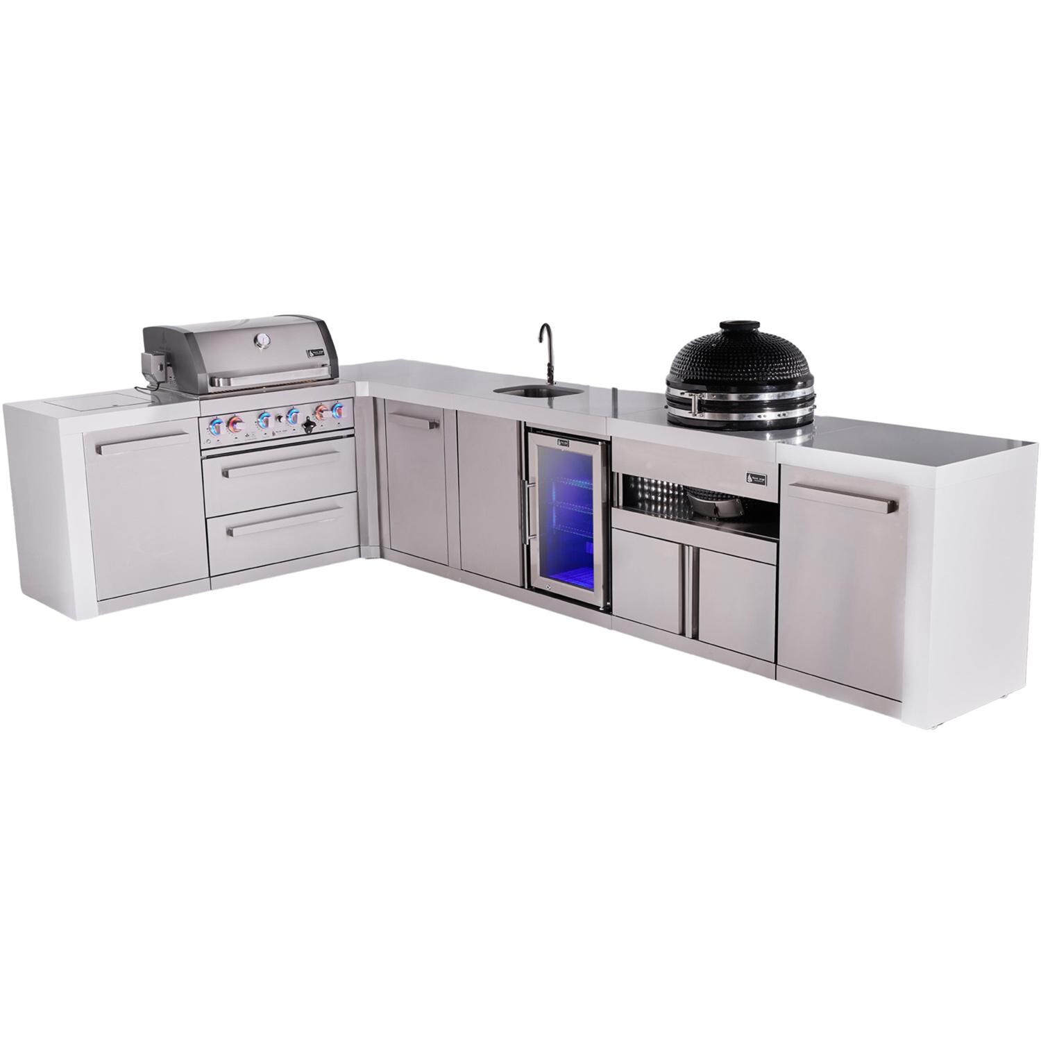 Deluxe Series 12 Ft Propane Outdoor Kitchen Island w/ 32-in Grill, Side Burner, Beverage Center, Fridge, Kamado Module & Triple Drawer - MAi400-D90BEVFCKAMDR