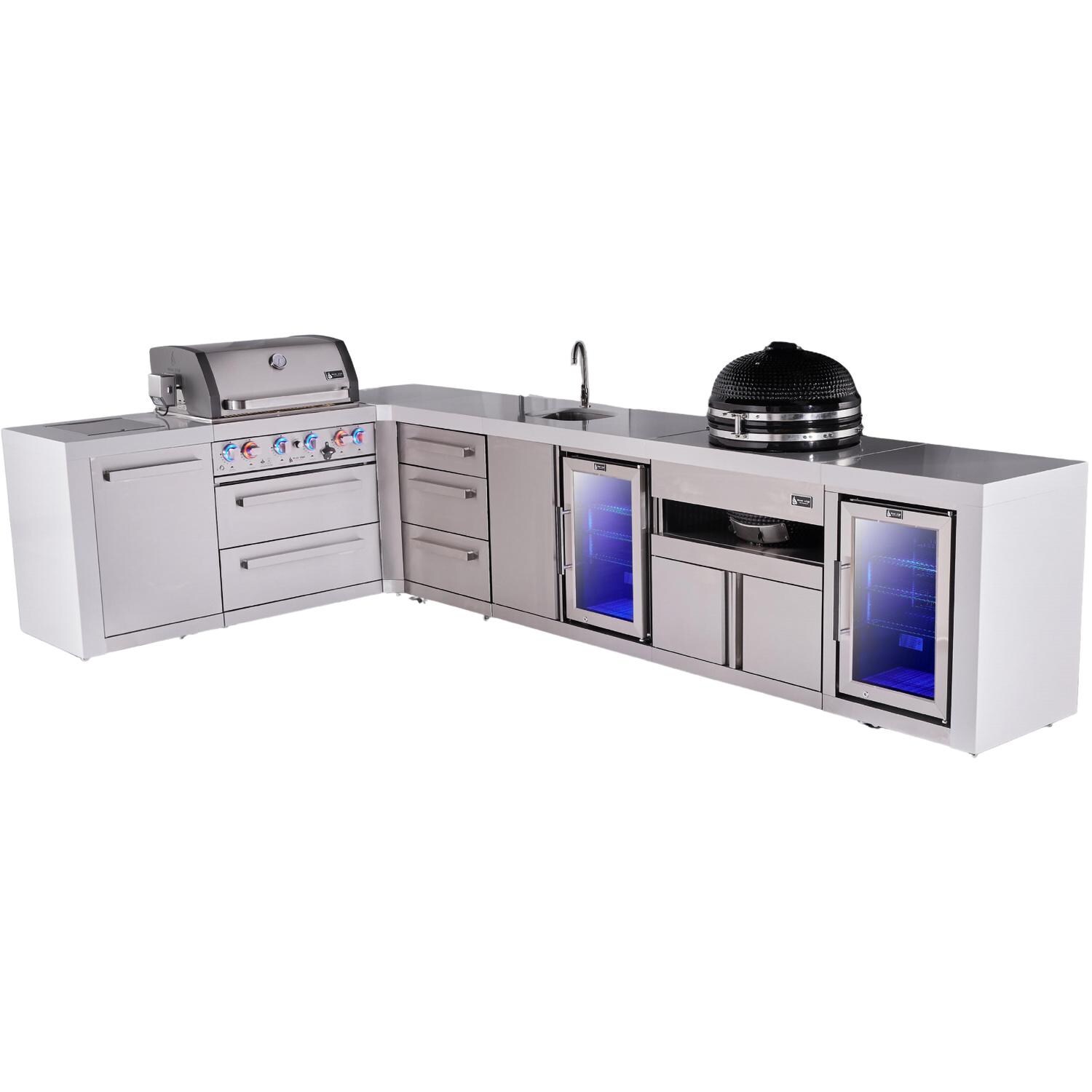 Deluxe Series 12 Ft Propane Outdoor Kitchen Island w/ 32-in Grill, Side Burner, Beverage Center, Fridge, Kamado Module & Extra Door - MAi400-D90BEVFCKAMXL