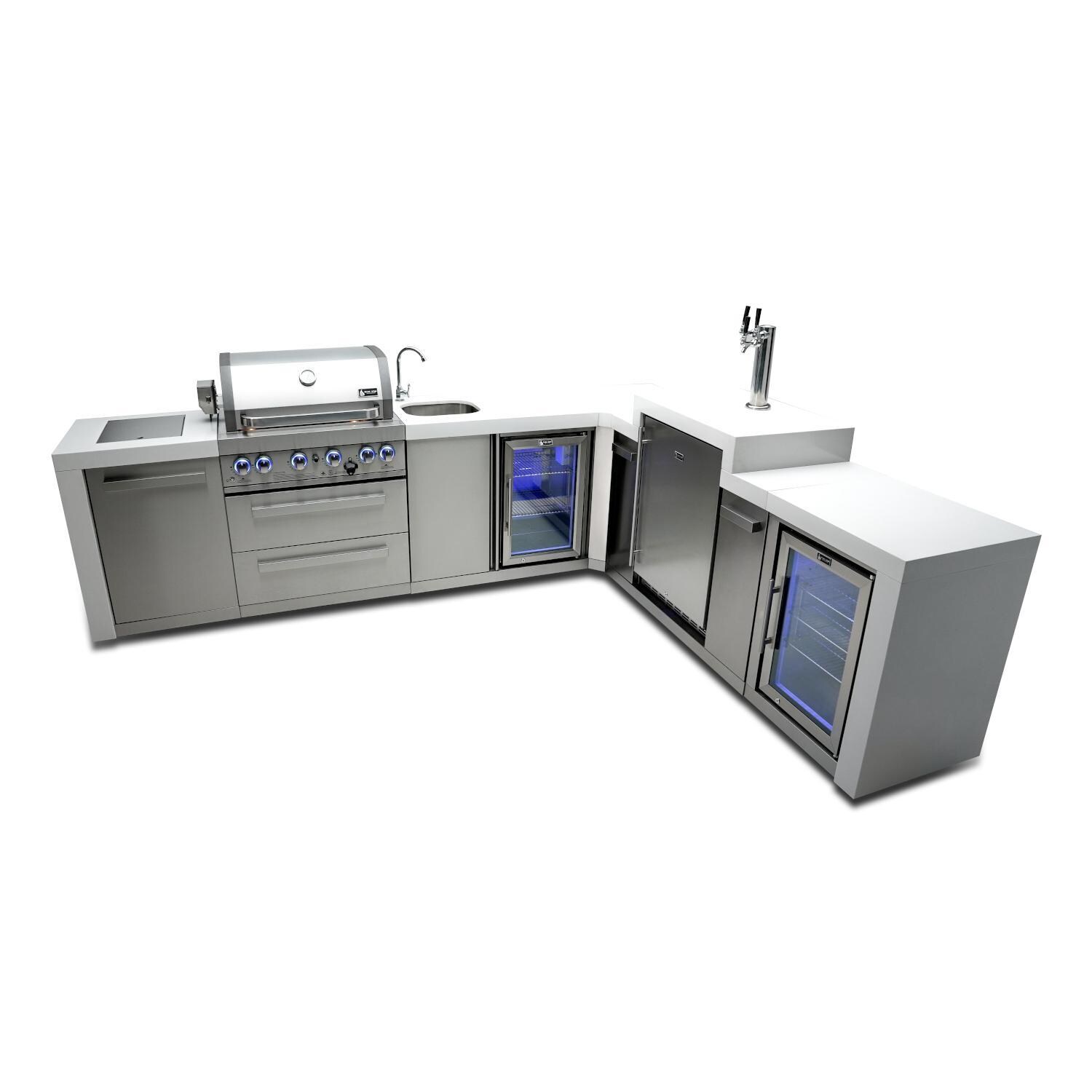 Deluxe Series 11.5 Ft L-Shaped Propane Outdoor Kitchen Island w/ Side Burner, Beverage Center, Fridge & Kegerator - MAi400-D90KEGBEVFC