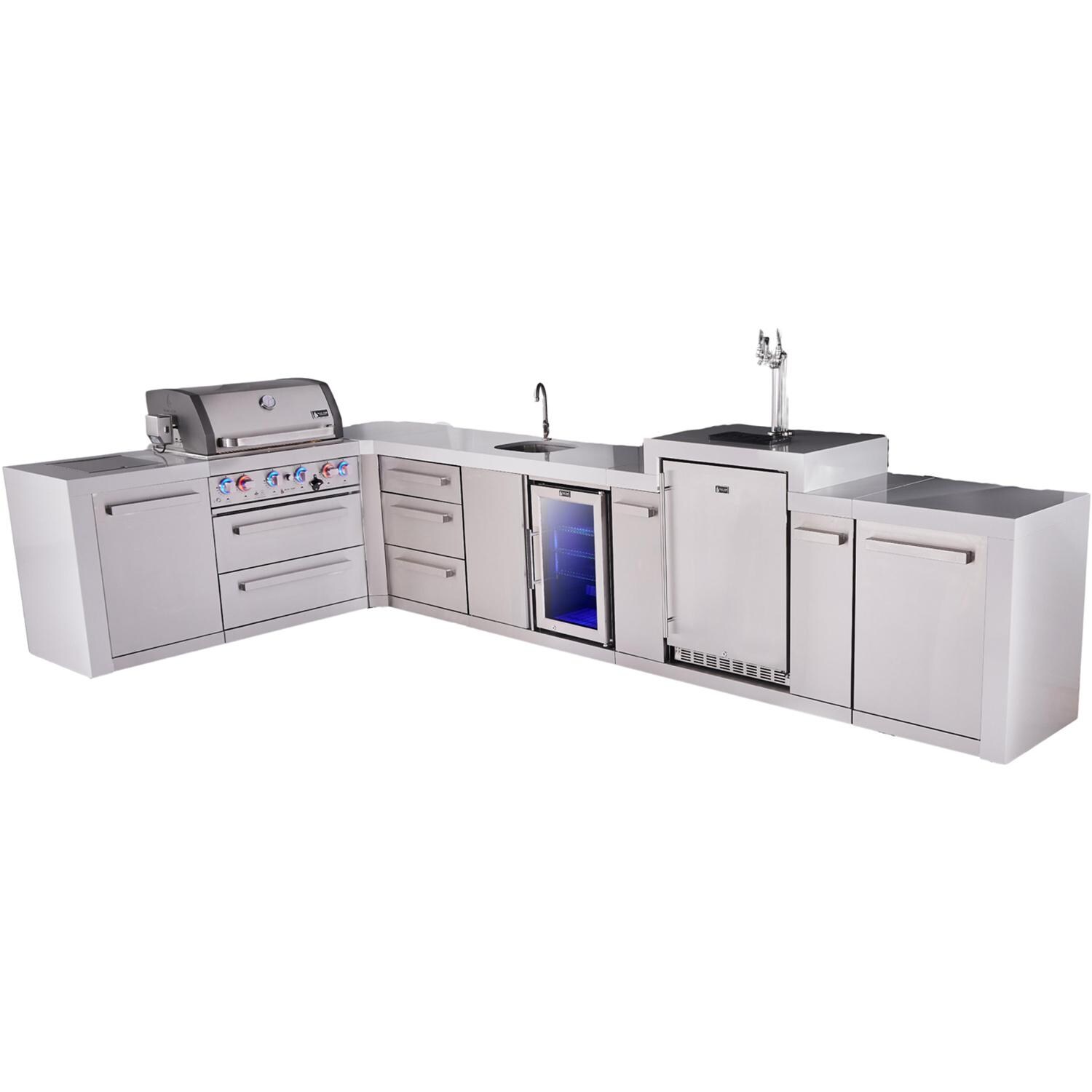 Deluxe Series 13 1/2 Ft Propane Outdoor Kitchen Island w/ 32-in Grill, Side Burner, Beverage Center, Kegerator, Fridge & Triple Drawer - MAi400-D90KEGBEVFCDR