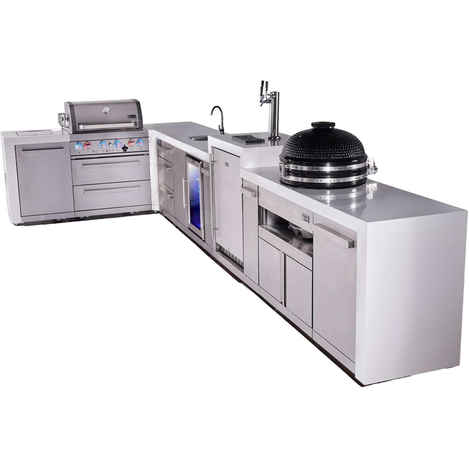 Deluxe Series 13 1/2 Ft Propane Outdoor Kitchen Island w/ 32-in Grill, Side Burner, Beverage Center, Kegerator, Fridge, Kamado Module & Triple Drawer - MAi400-D90KEGBEVFCKAMDR