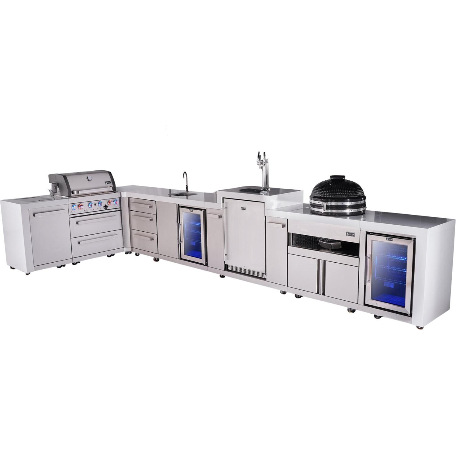 Deluxe Series 13 1/2 Ft Propane Outdoor Kitchen Island w/ 32-in Grill, Side Burner, Beverage Center, Kegerator, Fridge, Kamado Module & Extra Door - MAi400-D90KEGBEVFCKAMXL