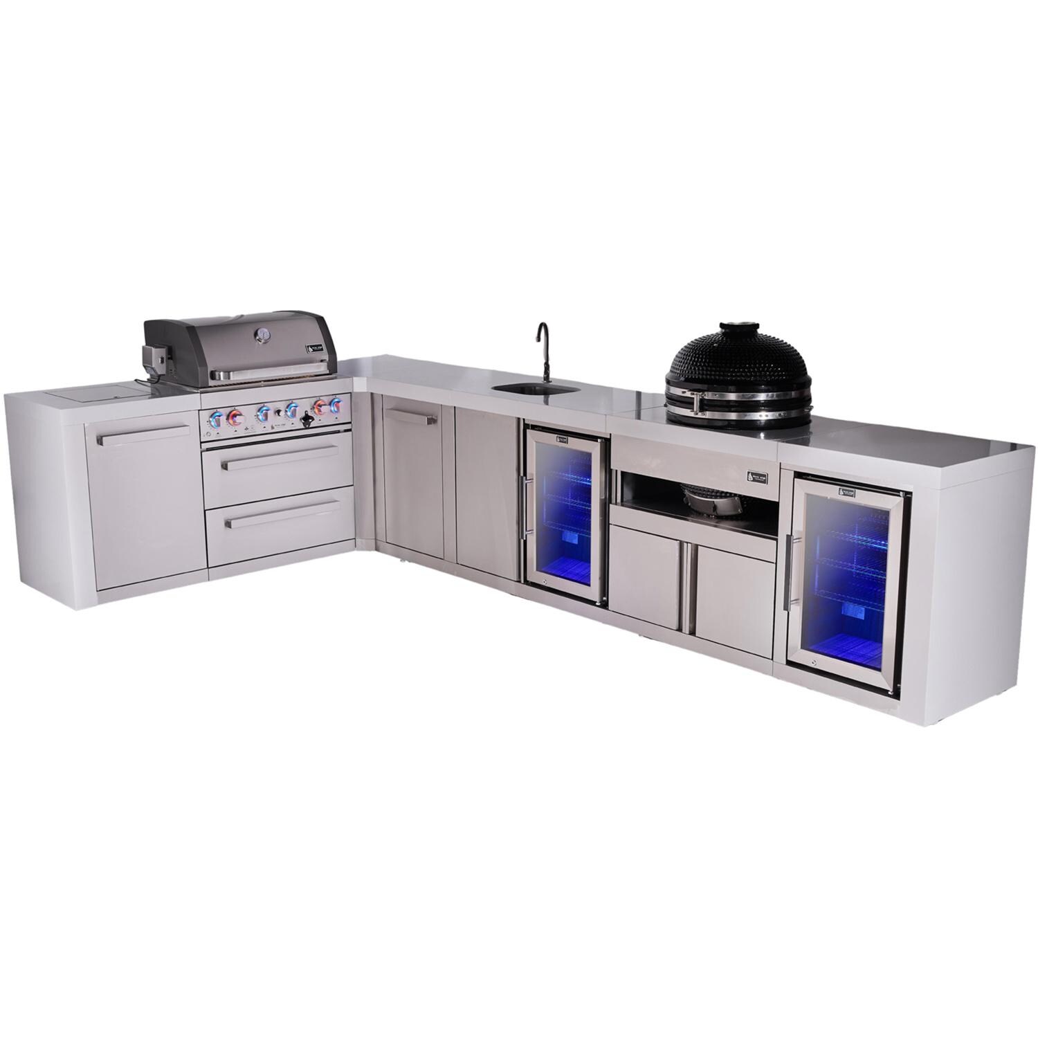 Deluxe Series 13 1/2 Ft Propane Outdoor Kitchen Island w/ 32-in Grill, Side Burner, Beverage Center, Kegerator, Kamado Module & Triple Drawer - MAi400-D90KEGBEVKAMDR