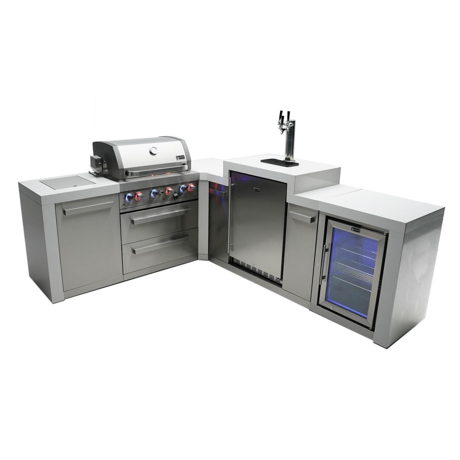Deluxe Series 7 Ft L-Shaped Propane Outdoor Kitchen Island w/ Side Burner, Kegerator & Fridge - MAi400-D90KEGFC