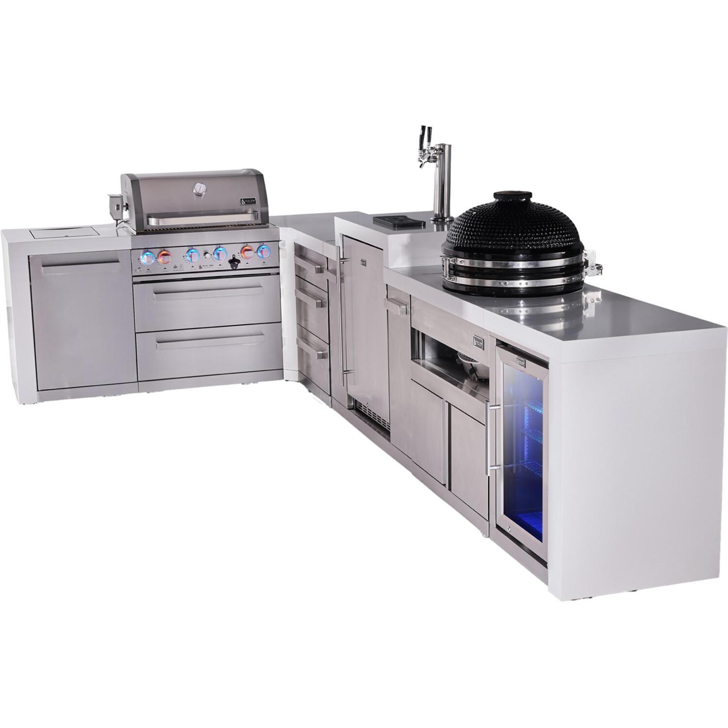 Deluxe Series 13 Ft Propane Outdoor Kitchen Island w/ 32-in Grill, Side Burner, Kegerator, Fridge, Kamado Module & Triple Drawer - MAi400-D90KEGFCKAMDR