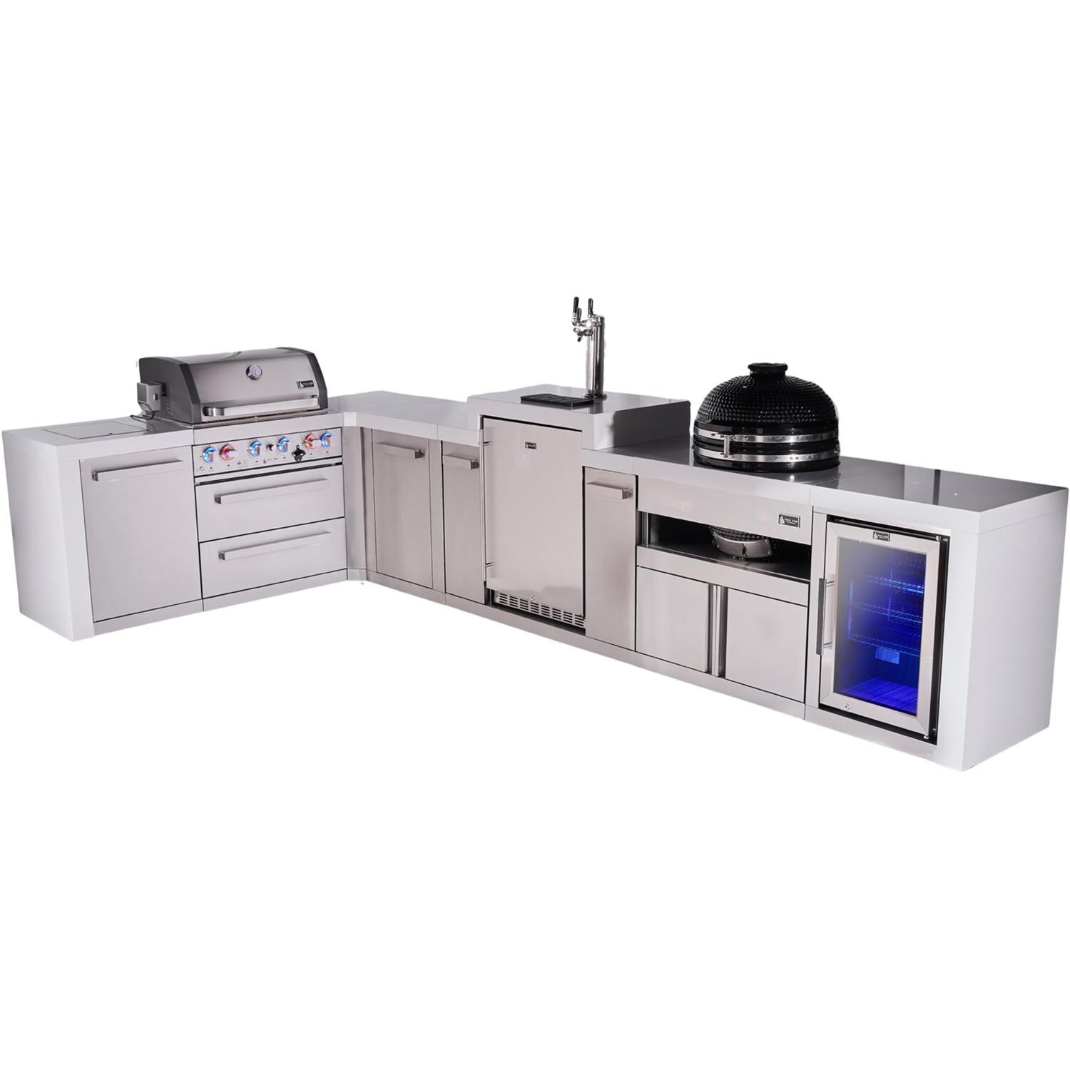 Deluxe Series 13 Ft Propane Outdoor Kitchen Island w/ 32-in Grill, Side Burner, Kegerator, Fridge, Kamado Module & Extra Door - MAi400-D90KEGFCKAMXL