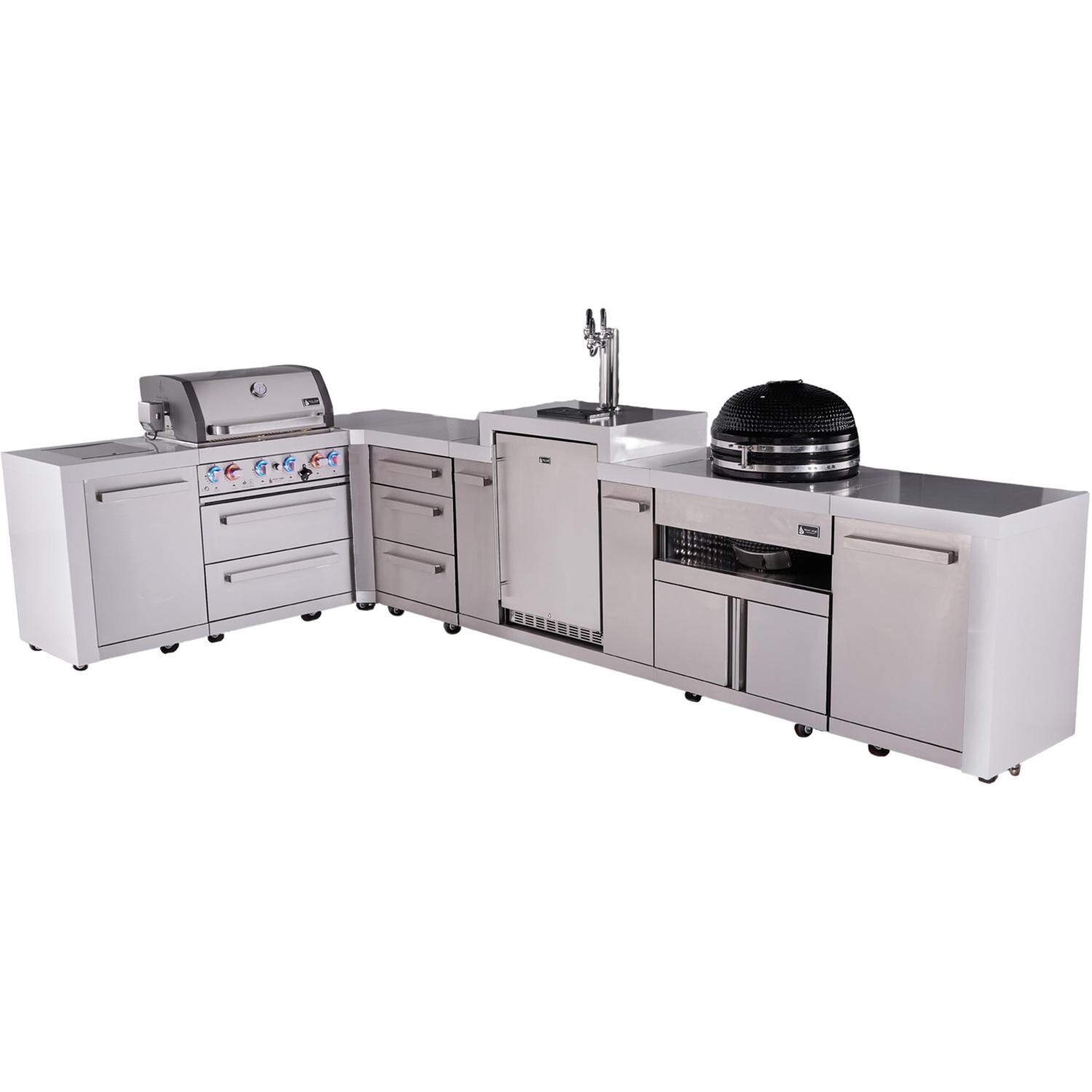 Deluxe Series 13 Ft Propane Outdoor Kitchen Island w/ 32-in Grill, Side Burner, Kegerator, Kamado Module & Triple Drawer - MAi400-D90KEGKAMDR