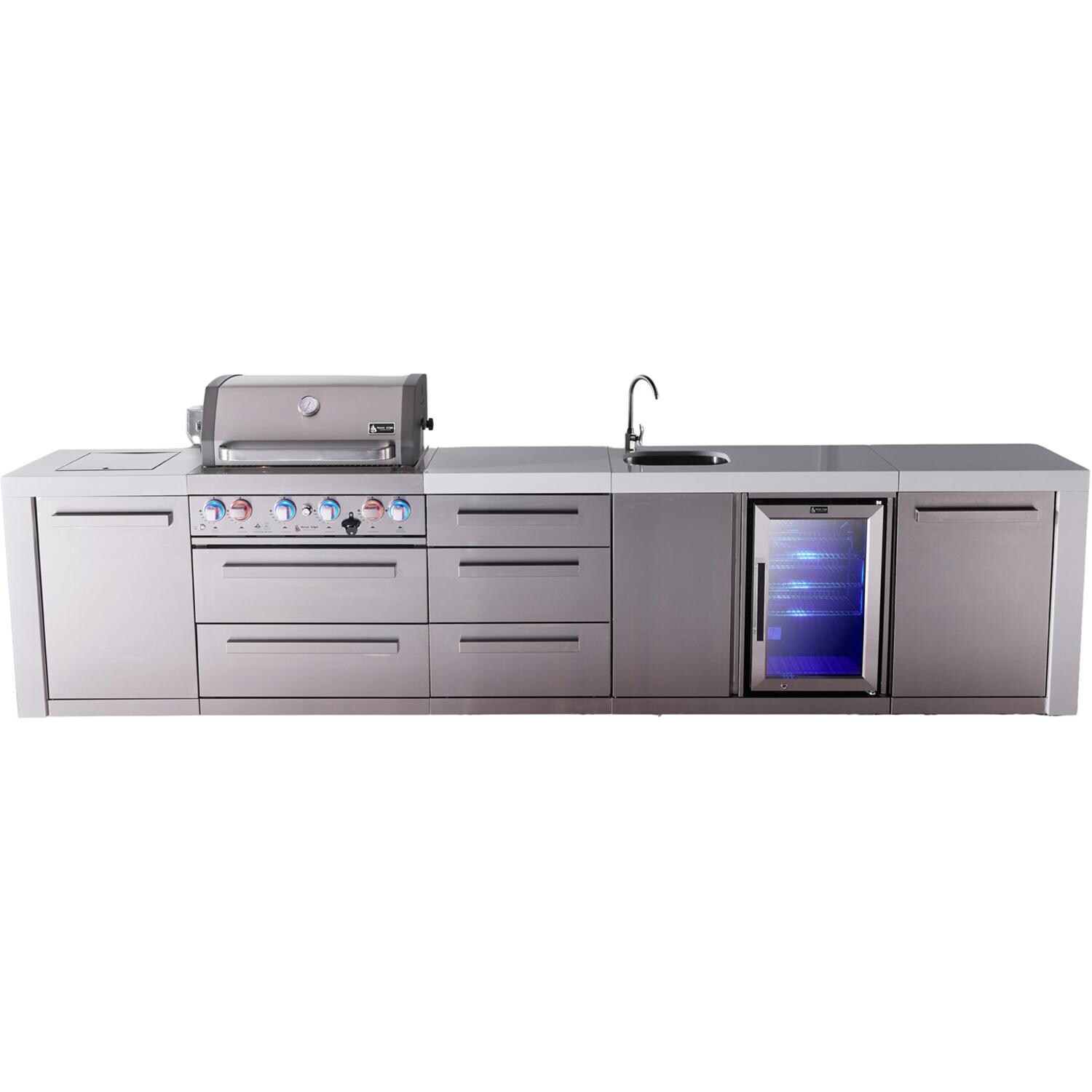 Deluxe Series 12 Ft Propane Outdoor Kitchen Island w/ 32-in Grill, Side Burner, Beverage Center & Triple Drawer - MAi400-DBEVDR