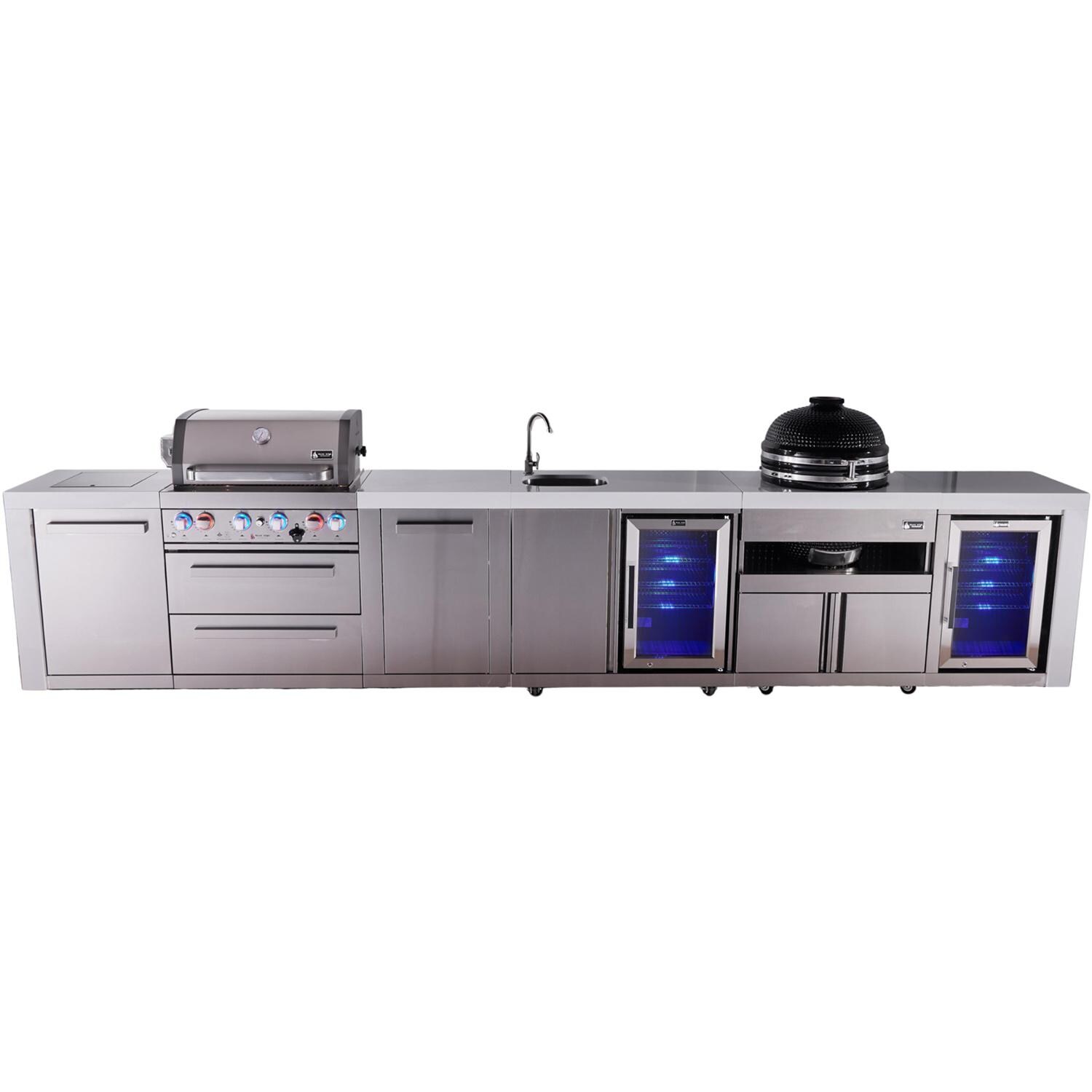 Deluxe Series 15 1/2 Ft Propane Outdoor Kitchen Island w/ 32-in Grill, Side Burner, Beverage Center, Fridge, Kamado Module & Extra Door - MAi400-DBEVFCKAMXL