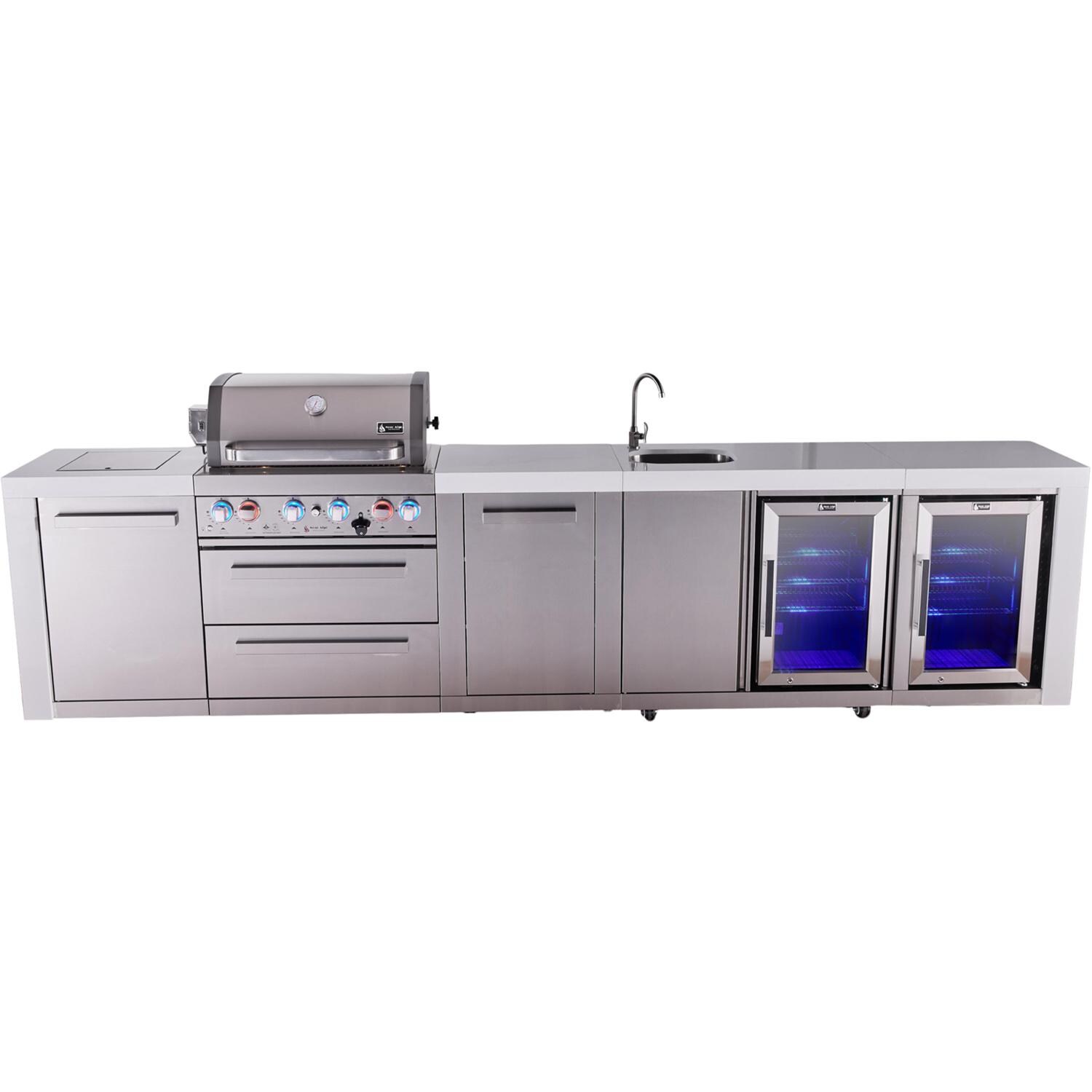 Deluxe Series 12 Ft Propane Outdoor Kitchen Island w/ 32-in Grill, Side Burner, Beverage Center, Fridge & Extra Door - MAi400-DBEVFCXL