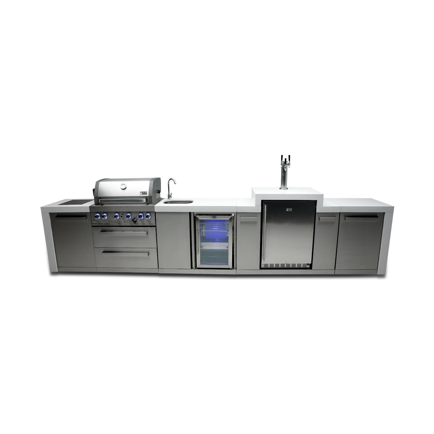 Deluxe Series 14 Ft Propane Outdoor Kitchen Island w/ Side Burner, Beverage Center, & Kegerator - MAi400-DKEGBEV