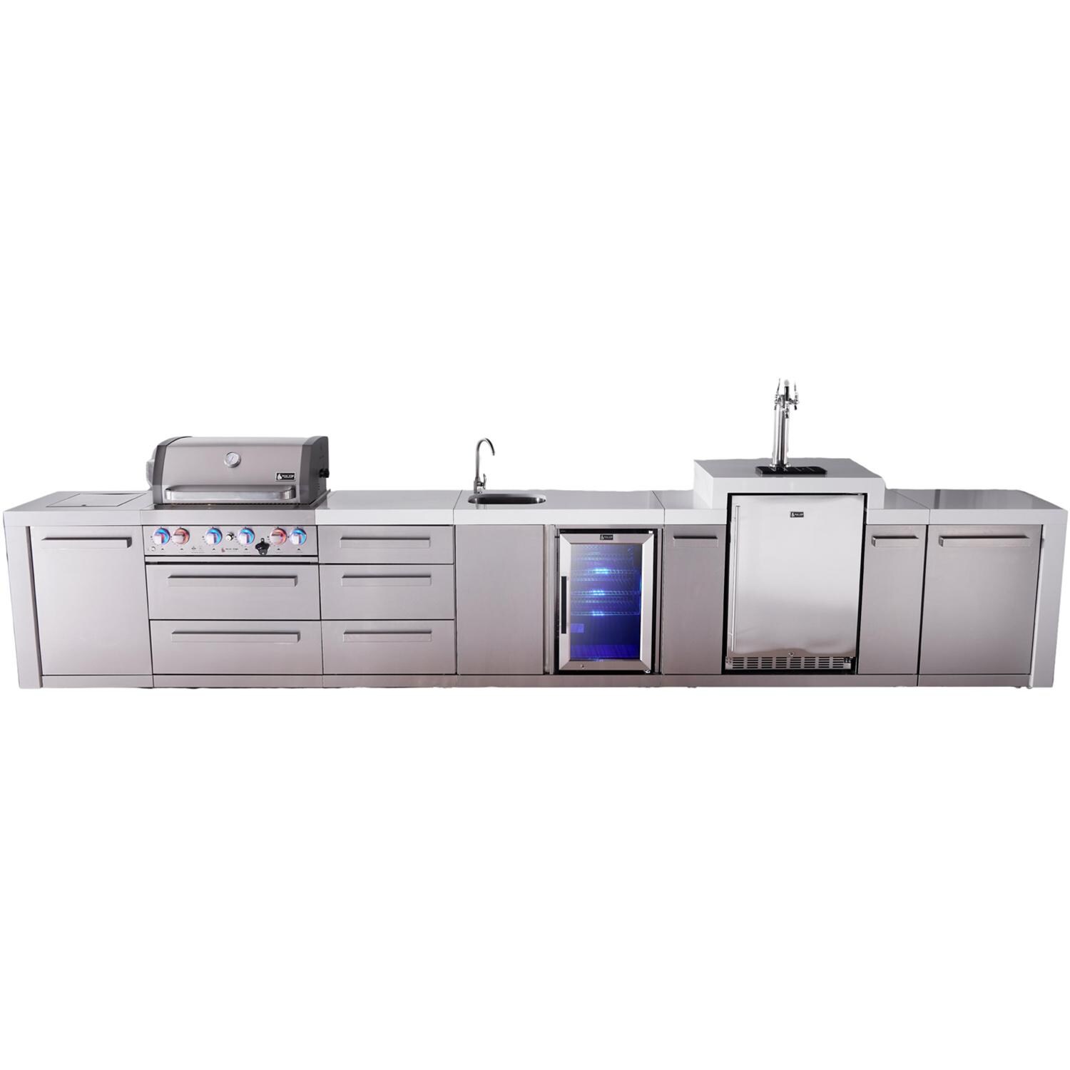 Deluxe Series 16 Ft Propane Outdoor Kitchen Island w/ 32-in Grill, Side Burner, Beverage Center, Kegerator & Triple Drawer - MAi400-DKEGBEVDR