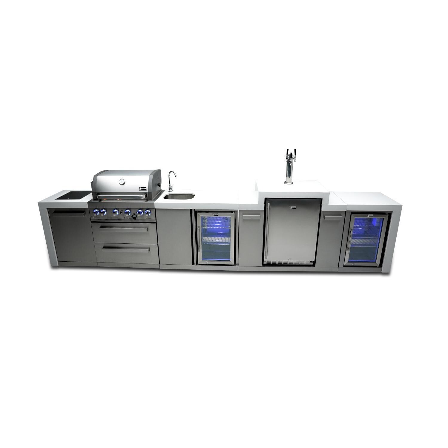 Deluxe Series 14 Ft Propane Outdoor Kitchen Island w/ Side Burner, Beverage Center, Fridge & Kegerator - MAi400-DKEGBEVFC