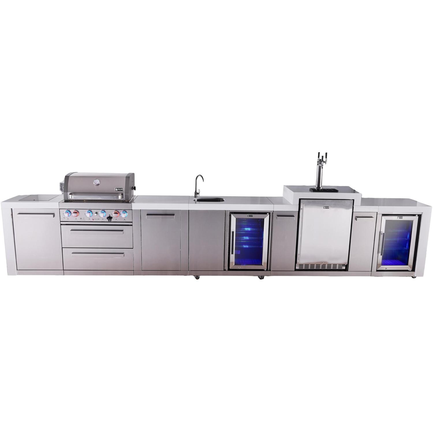 Deluxe Series 16 Ft Propane Outdoor Kitchen Island w/ 32-in Grill, Side Burner, Beverage Center, Kegerator, Fridge & Extra Door - MAi400-DKEGBEVFCXL