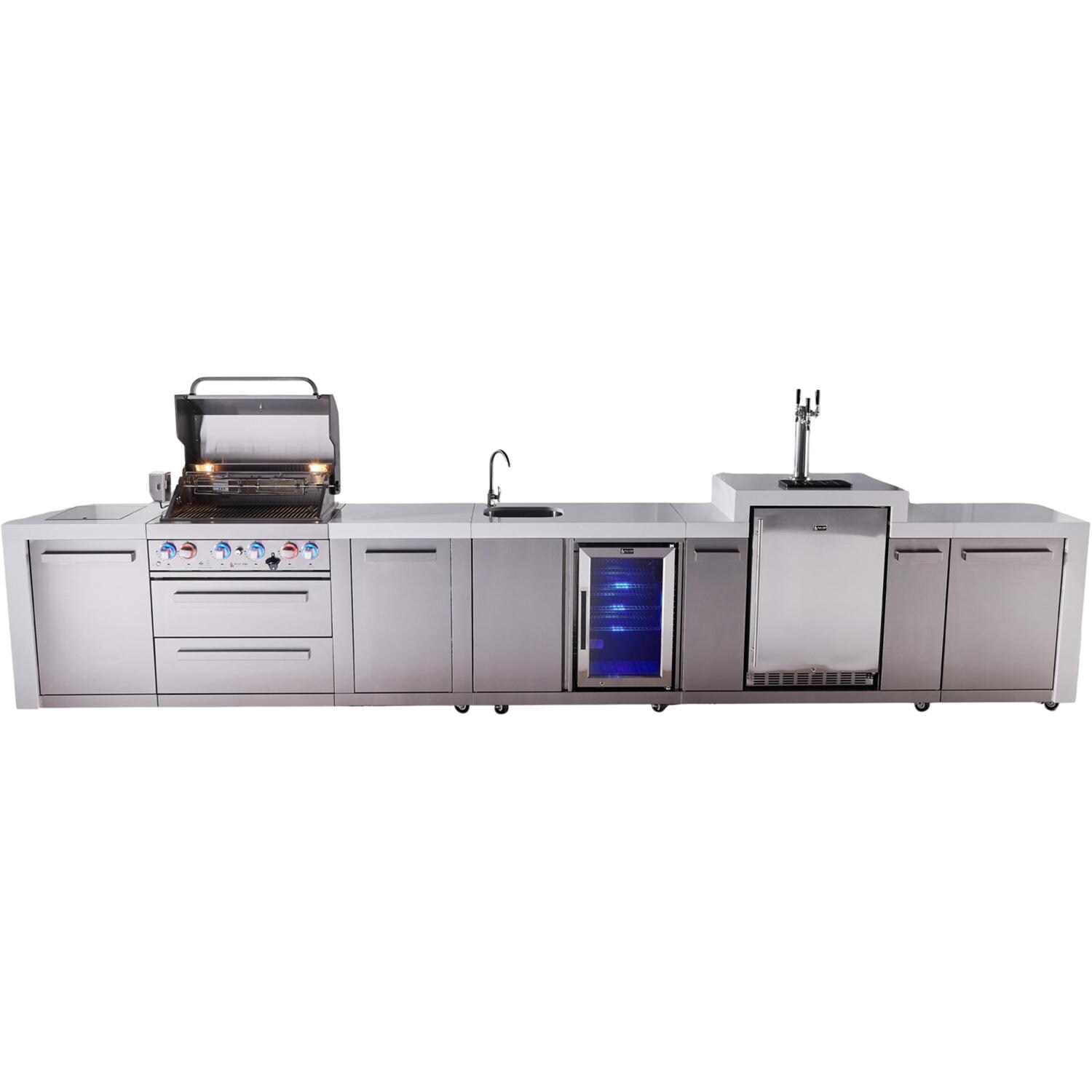 Deluxe Series 15 1/2 Ft Propane Outdoor Kitchen Island w/ 32-in Grill, Side Burner, Beverage Center, Kegerator & Extra Door - MAi400-DKEGBEVXL