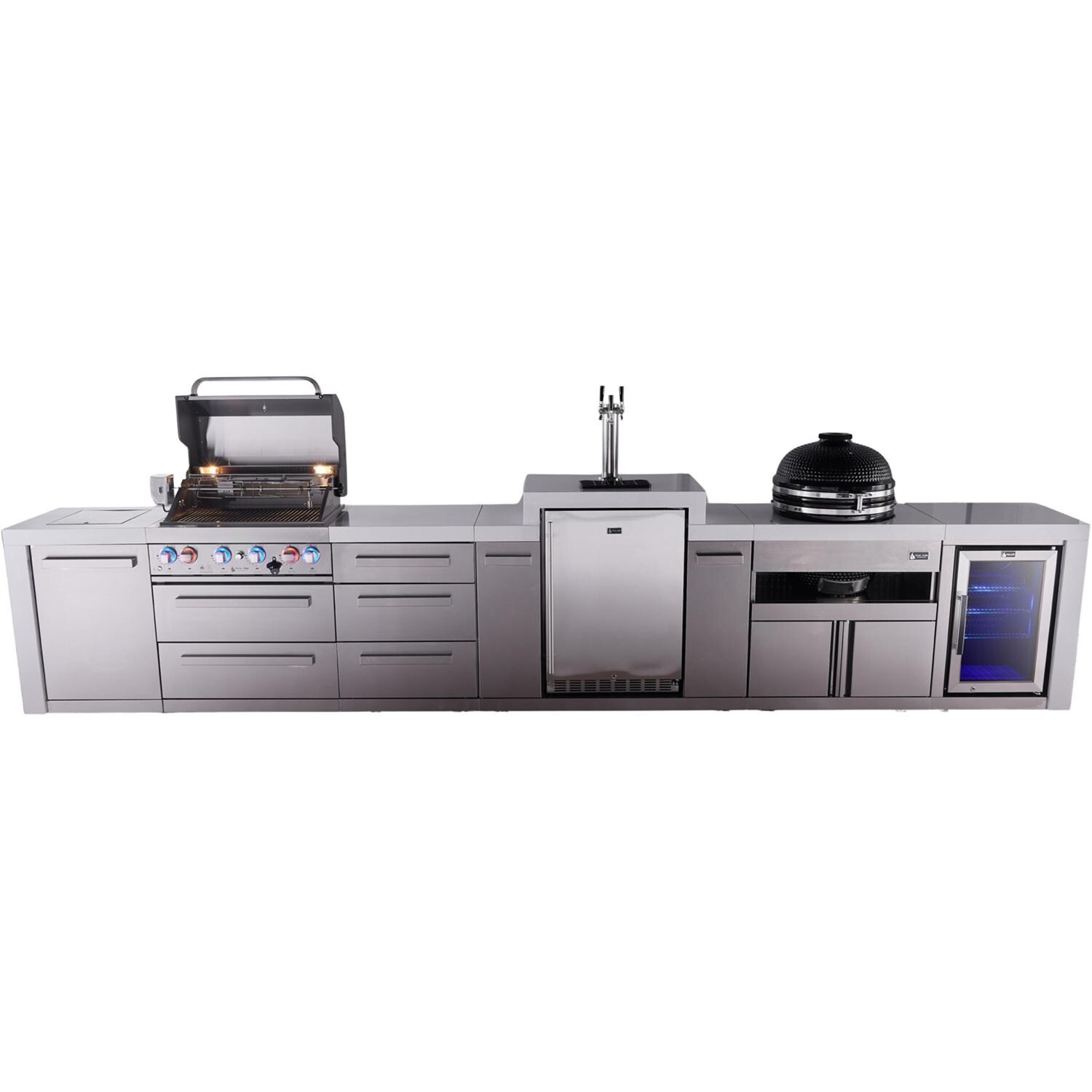 Deluxe Series 15 1/2 Ft Propane Outdoor Kitchen Island w/ 32-in Grill, Side Burner, Kegerator, Fridge, Kamado Module & Triple Drawer - MAi400-DKEGFCKAMDR