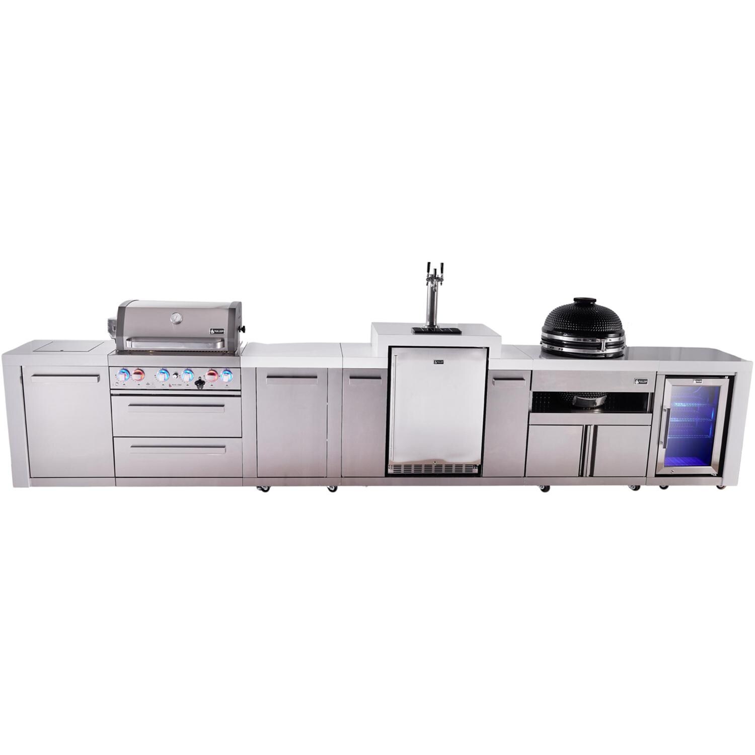 Deluxe Series 15 1/2 Ft Propane Outdoor Kitchen Island w/ 32-in Grill, Side Burner, Kegerator, Fridge, Kamado Module & Extra Door - MAi400-DKEGFCKAMXL