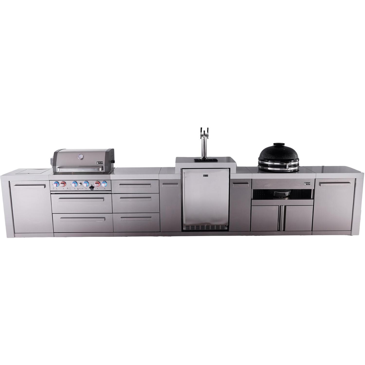 Deluxe Series 15 1/2 Ft Propane Outdoor Kitchen Island w/ 32-in Grill, Side Burner, Kegerator, Kamado Module & Triple Drawer - MAi400-DKEGKAMDR