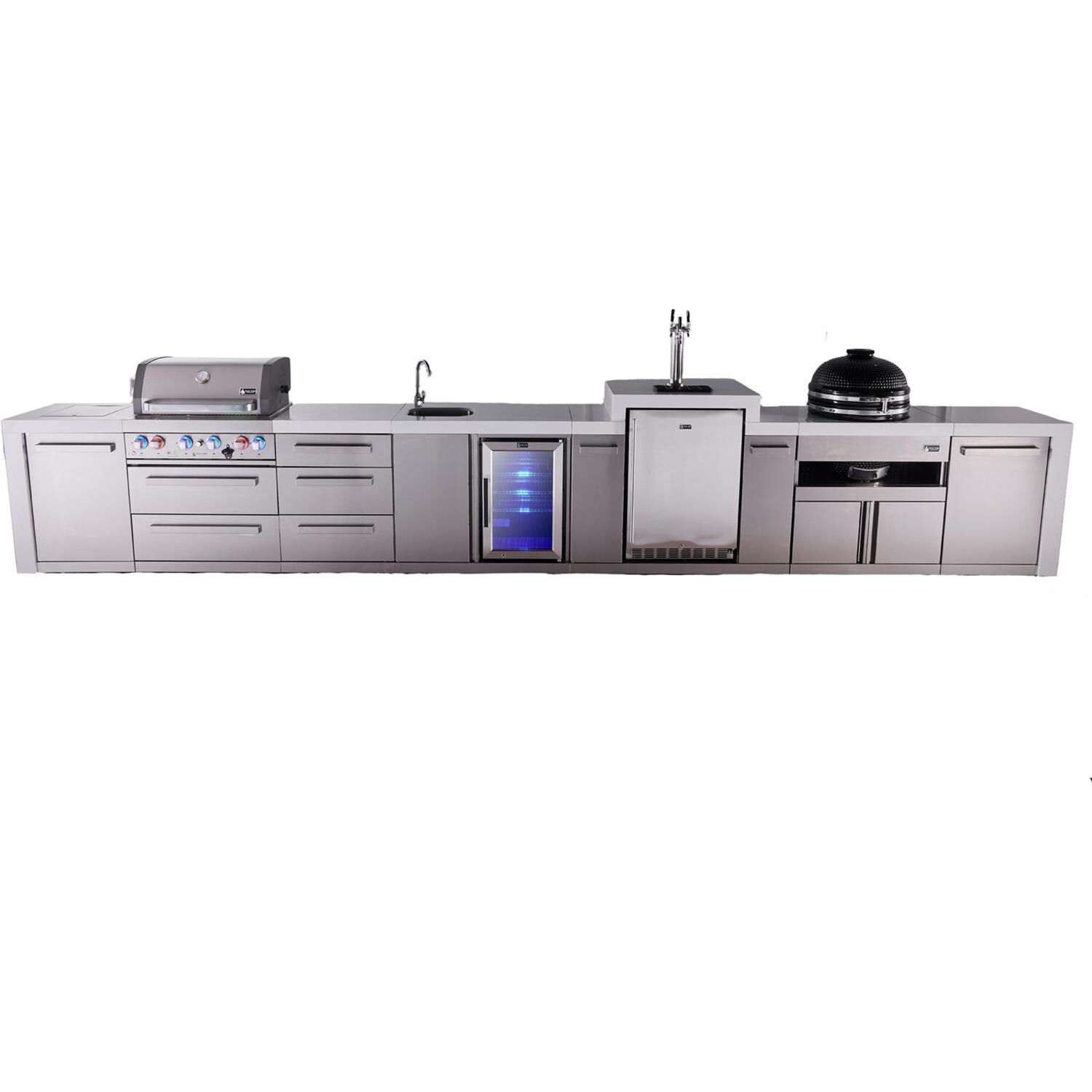 Deluxe Series 15 1/2 Ft Propane Outdoor Kitchen Island w/ 32-in Grill, Side Burner, Beverage Center, Kegerator, Kamado Module & Triple Drawer - MAi400-DKEGBEVKAMDR