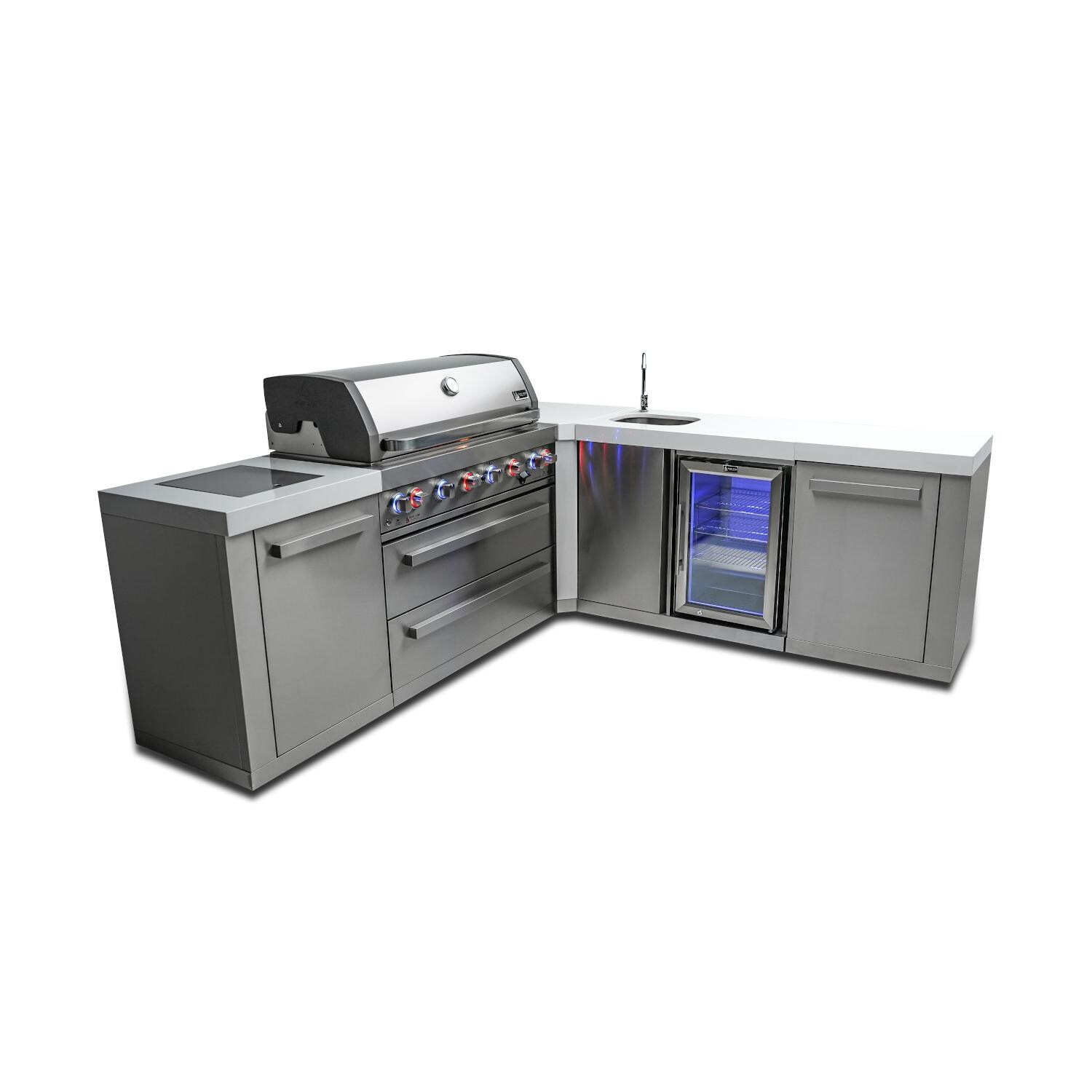 Original Series 8 Ft L-Shaped Propane Outdoor Kitchen Island w/ Side Burner & Beverage Center - MAi805-90BEV