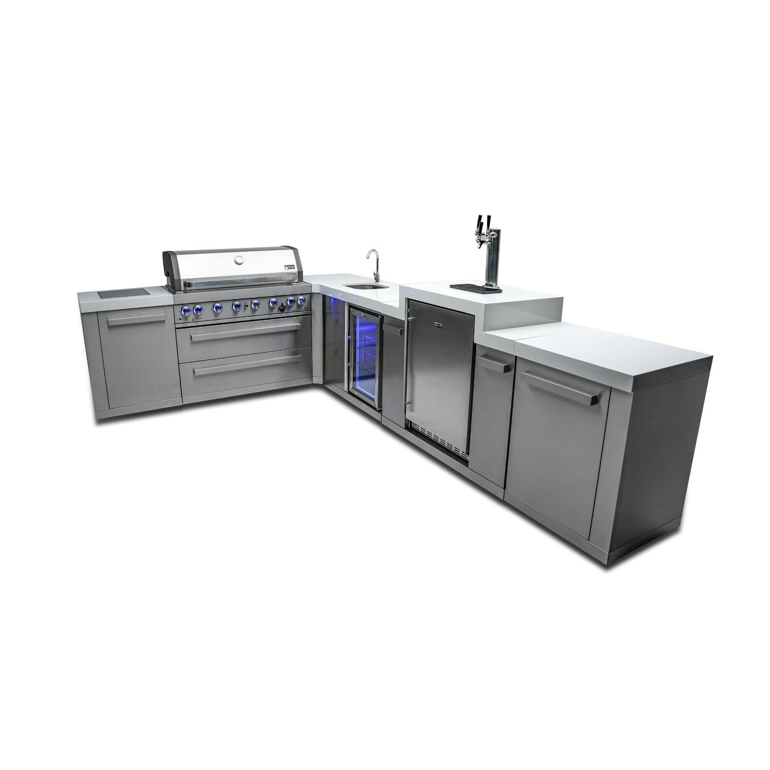 Original Series 8 Ft L-Shaped Propane Outdoor Kitchen Island w/ Side Burner, Beverage Center, & Kegerator - MAi805-90KEGBEV