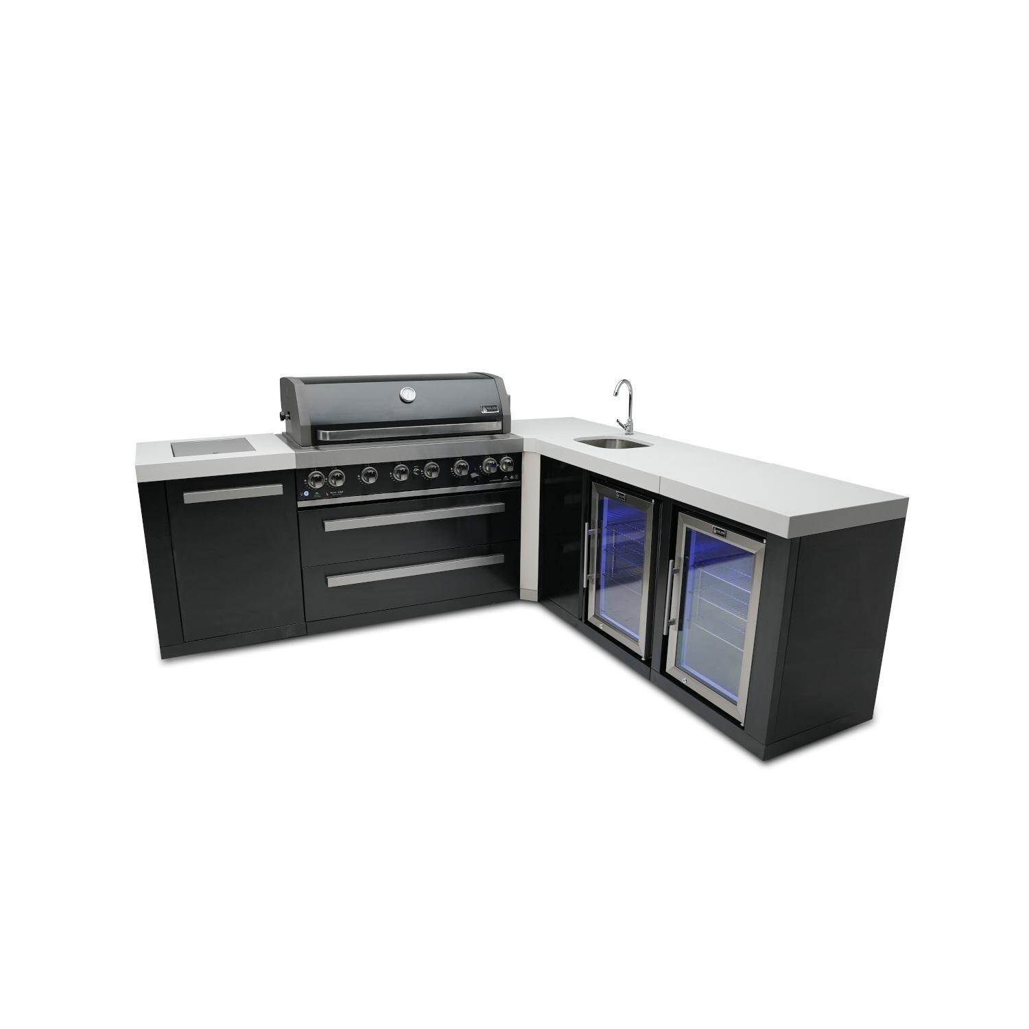 Black Series 8 Ft L-Shaped Propane Outdoor Kitchen Island w/ Side Burner, Fridge, & Beverage Center- MAi805-BSS90BEVFC