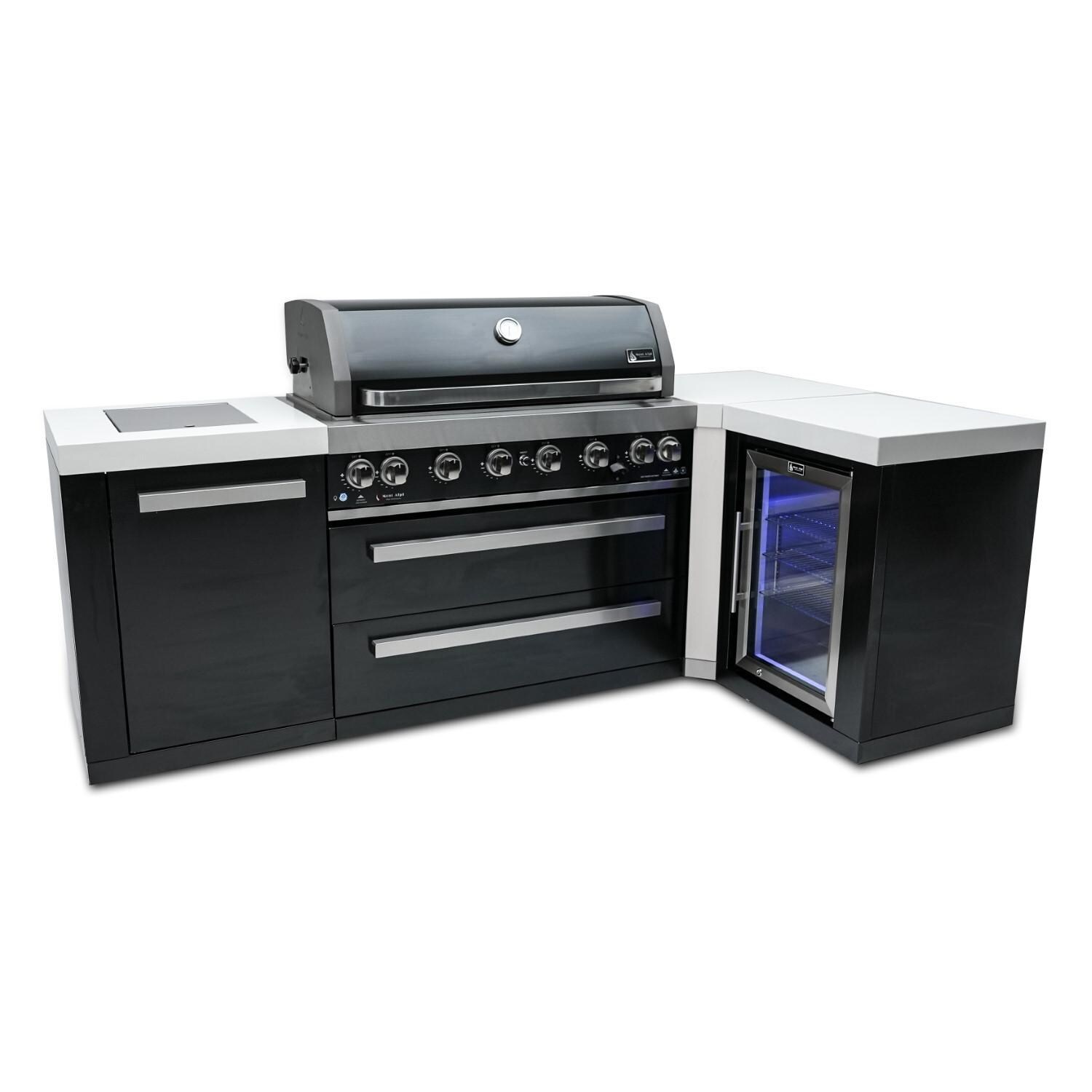 Black Series 8.5 Ft L-Shaped Propane Outdoor Kitchen Island w/ Side Burner & Fridge - MAi805-BSS90FC