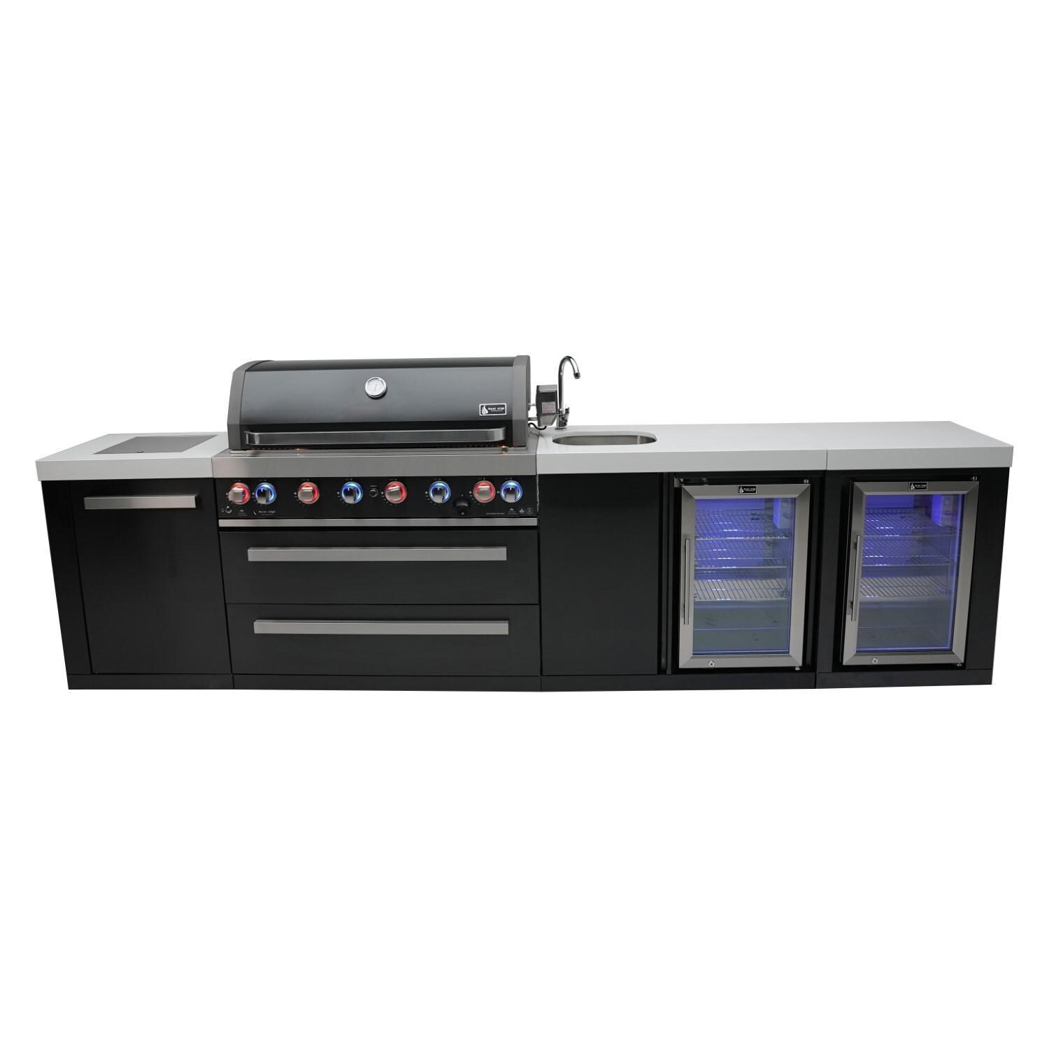Black Series 11 Ft Propane Outdoor Kitchen Island w/ Side Burner, Beverage Center & Fridge - MAi805-BSSBEVFC
