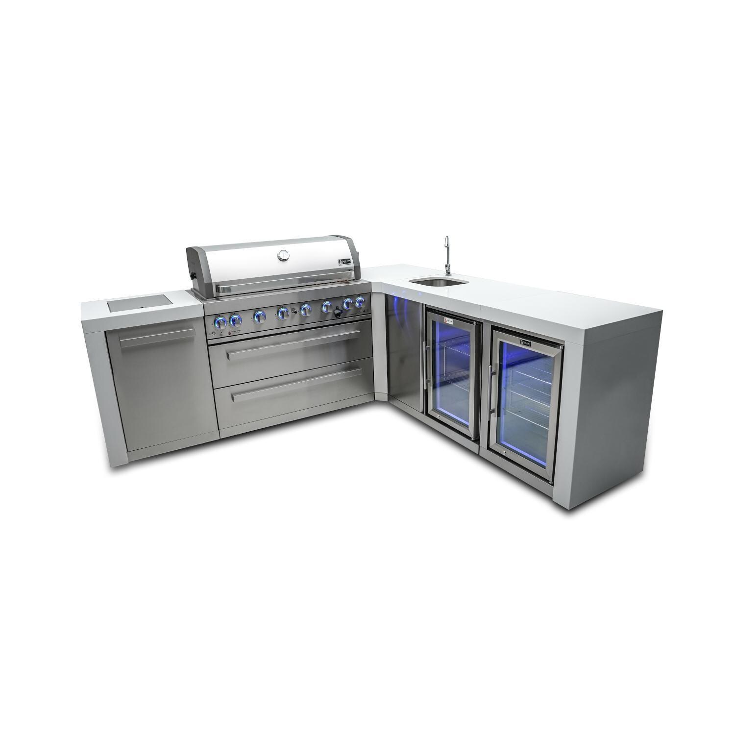 Deluxe Series 8 Ft L-Shaped Propane Outdoor Kitchen Island w/ Side Burner, Beverage Center & Fridge - MAi805-D90BEVFC