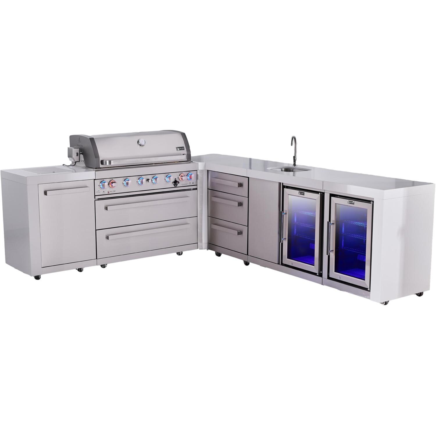 Deluxe Series 11 Ft Propane Outdoor Kitchen Island w/ 44-in Grill, Side Burner, Beverage Center, Fridge & Triple Drawer - MAi805-D90BEVFCDR