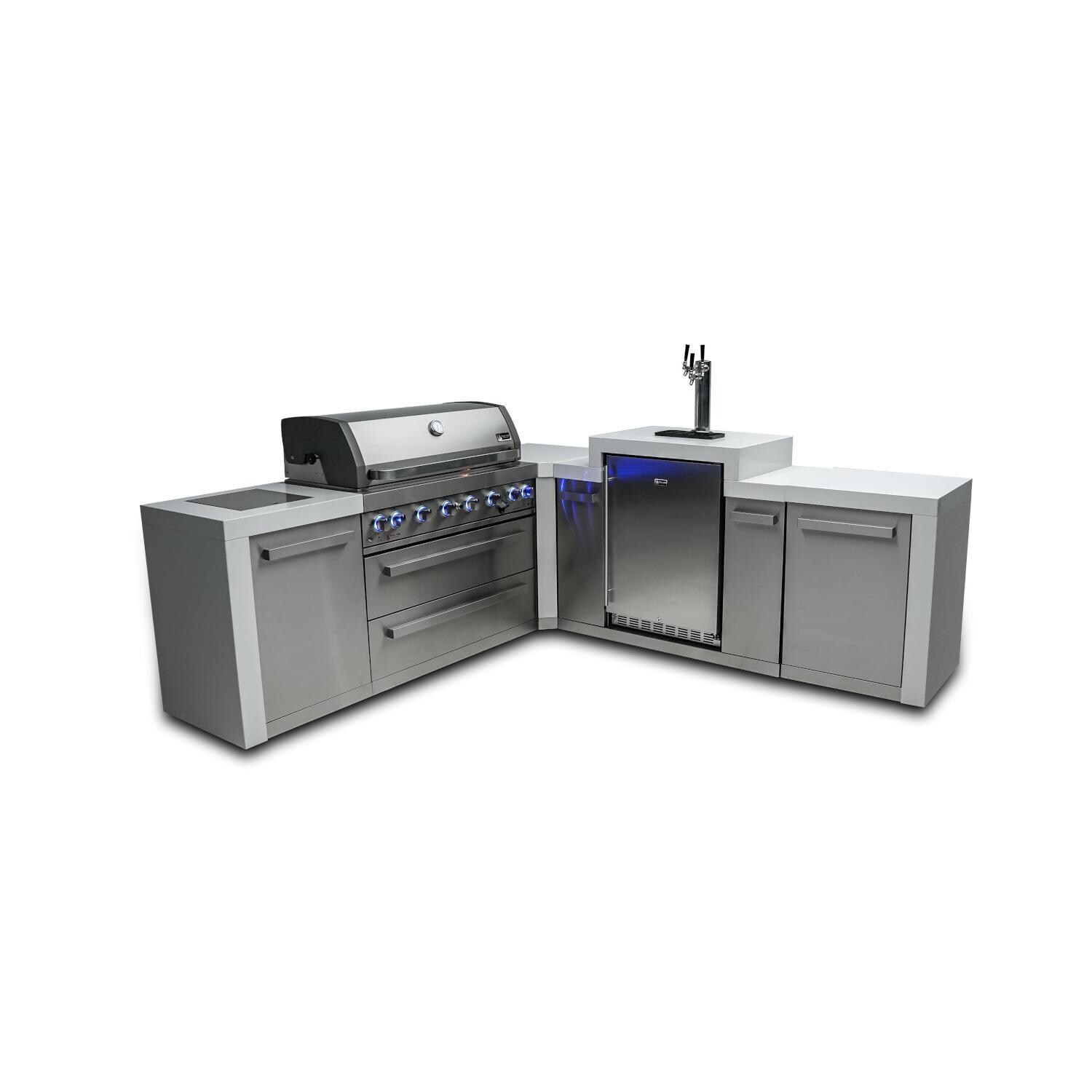 Deluxe Series 8 Ft L-Shaped Propane Outdoor Kitchen Island w/ Side Burner & Kegerator - MAi805-D90KEG
