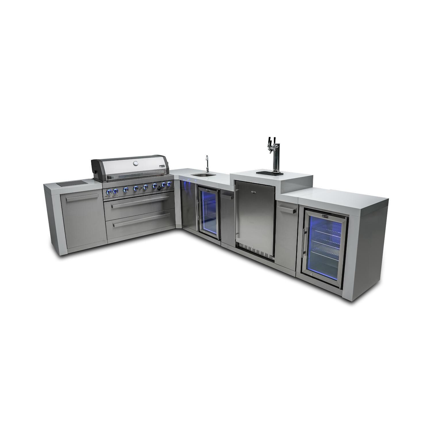 Deluxe Series 8 Ft L-Shaped Propane Outdoor Kitchen Island w/ Side Burner, Beverage Center, Fridge, & Kegerator - MAi805-D90KEGBEVFC
