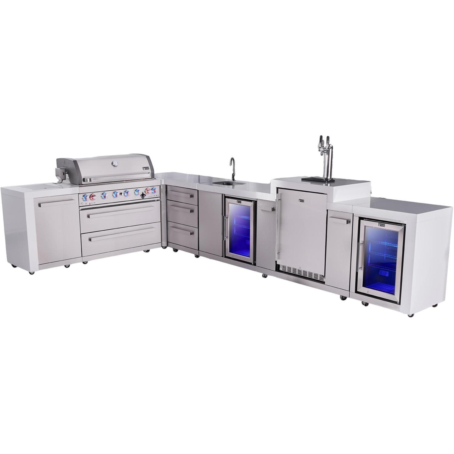 Deluxe Series 12 Ft Propane Outdoor Kitchen Island w/ 44-in Grill, Side Burner, Beverage Center, Kegerator, Fridge & Triple Drawer - MAi805-D90KEGBEVFCDR