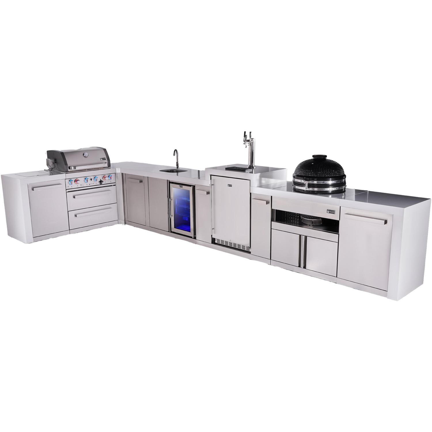 Deluxe Series 15 Ft Propane Outdoor Kitchen Island w/ 44-in Grill, Side Burner, Beverage Center, Kegerator, Fridge, Kamado Module & Triple Drawer - MAi805-D90KEGBEVFCKAMDR