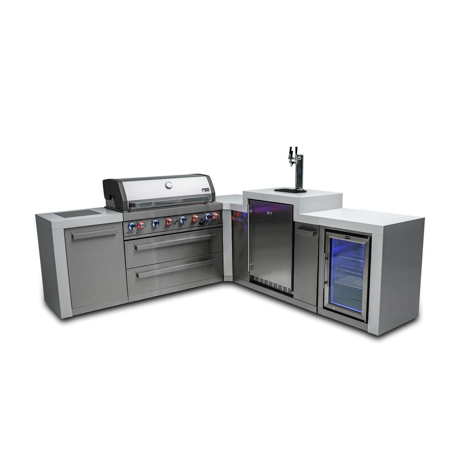 Deluxe Series 8 Ft L-Shaped Propane Outdoor Kitchen Island w/ Side Burner, Kegerator, & Fridge - MAi805-D90KEGFC
