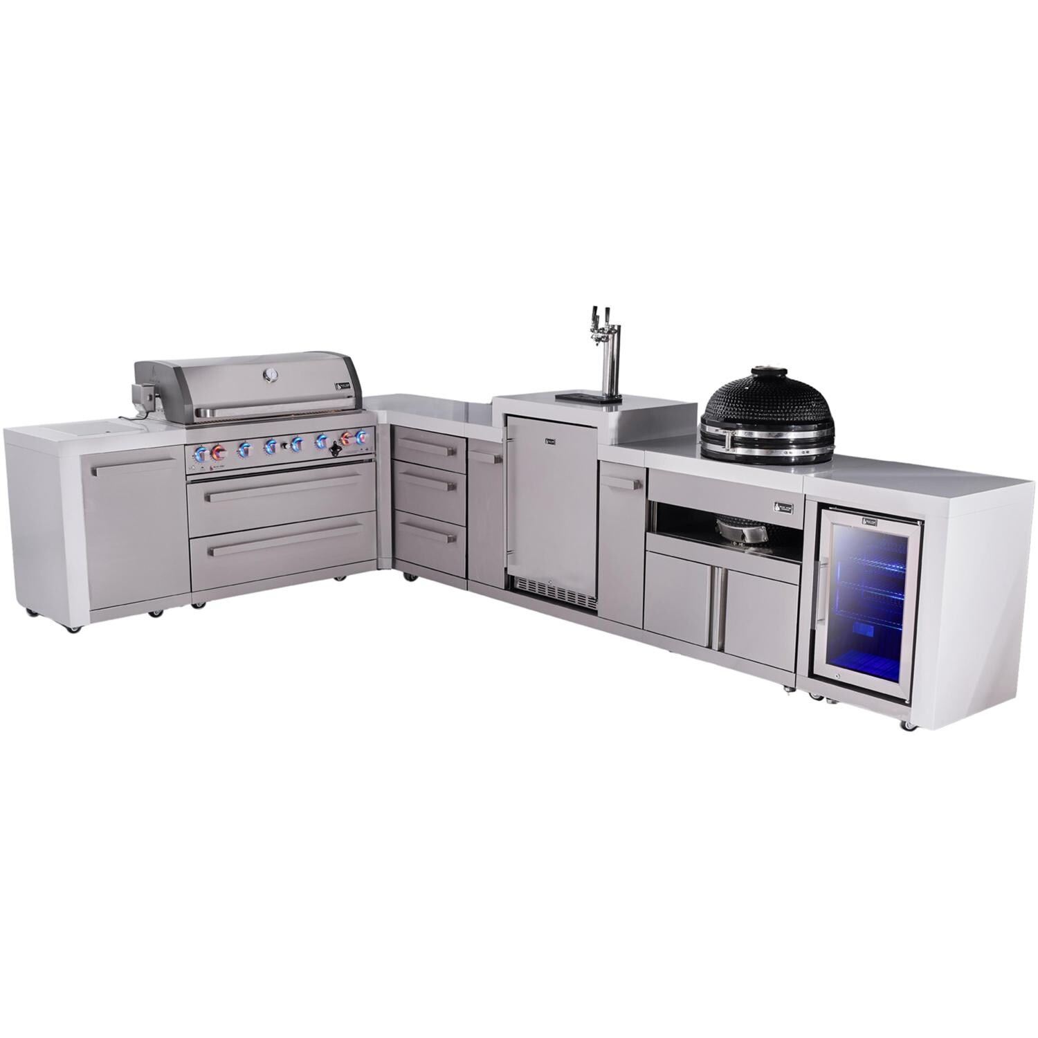 Deluxe Series 13 Ft Propane Outdoor Kitchen Island w/ 44-in Grill, Side Burner, Kegerator, Fridge, Kamado Module & Triple Drawer - MAi805-D90KEGFCKAMDR