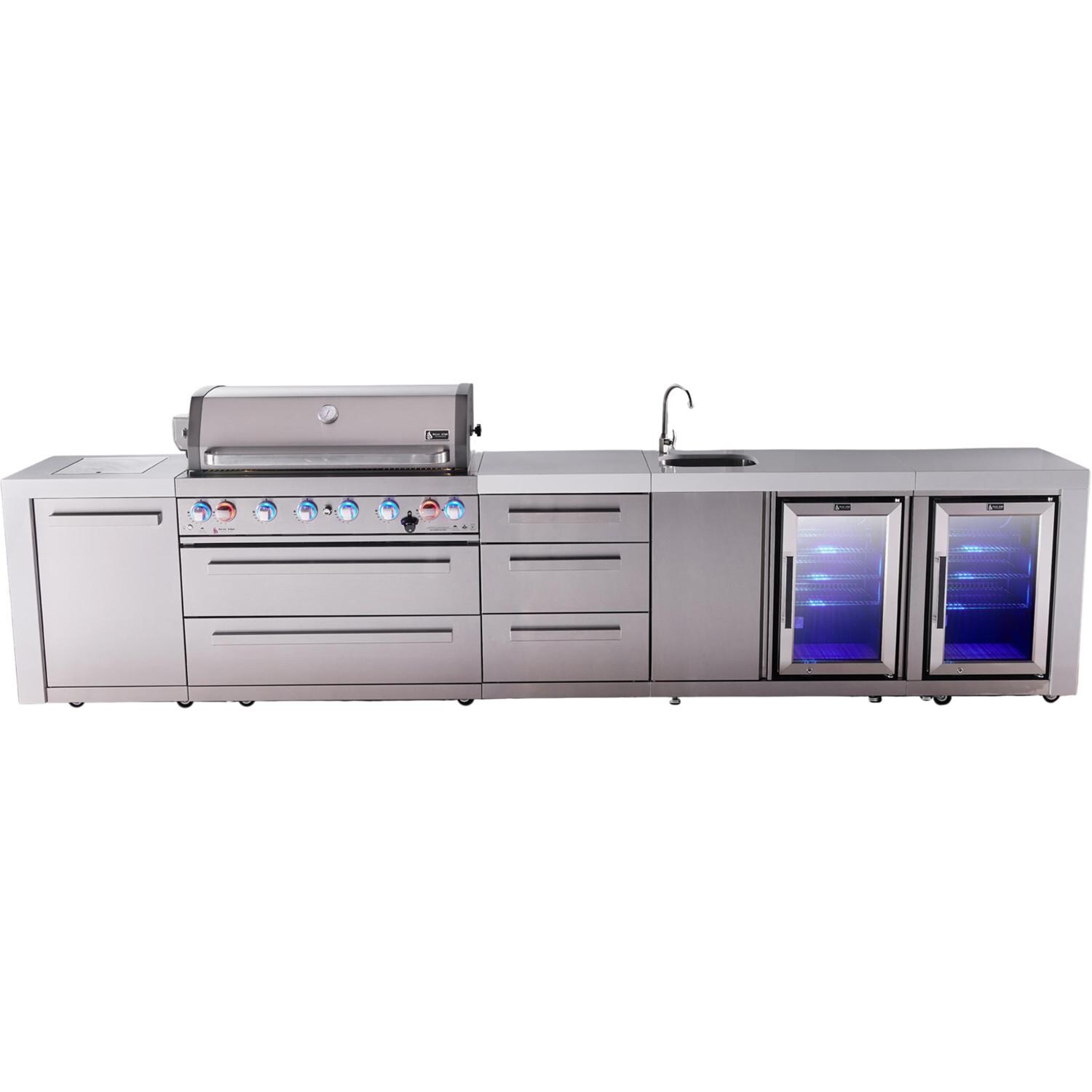 Deluxe Series 13 Ft Propane Outdoor Kitchen Island w/ 44-in Grill, Side Burner, Beverage Center, Fridge & Triple Drawer - MAi805-DBEVFCDR