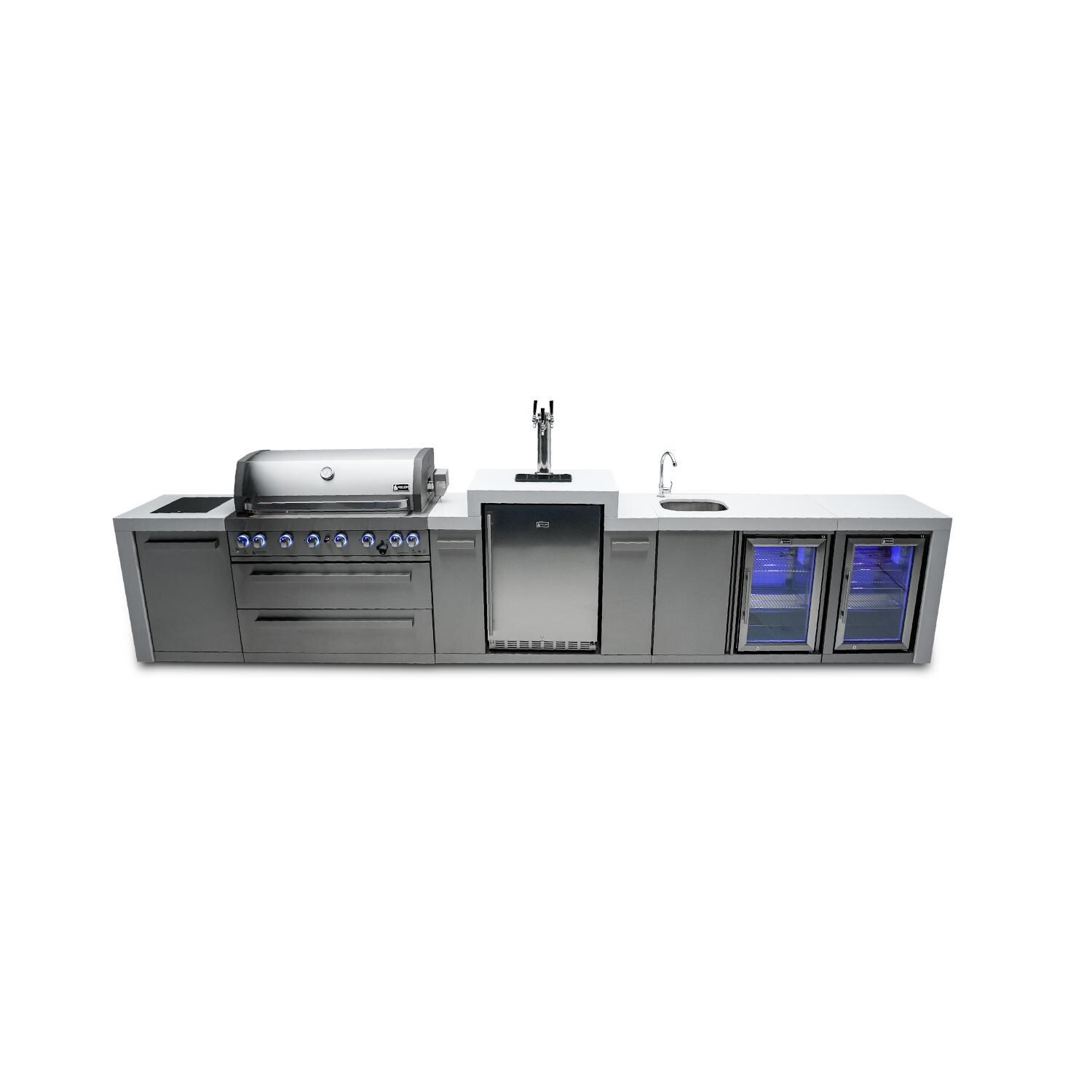 Deluxe Series 15 Ft Propane Outdoor Kitchen Island w/ Side Burner, Beverage Center, Fridge & Kegerator - MAi805-DKEGBEVFC