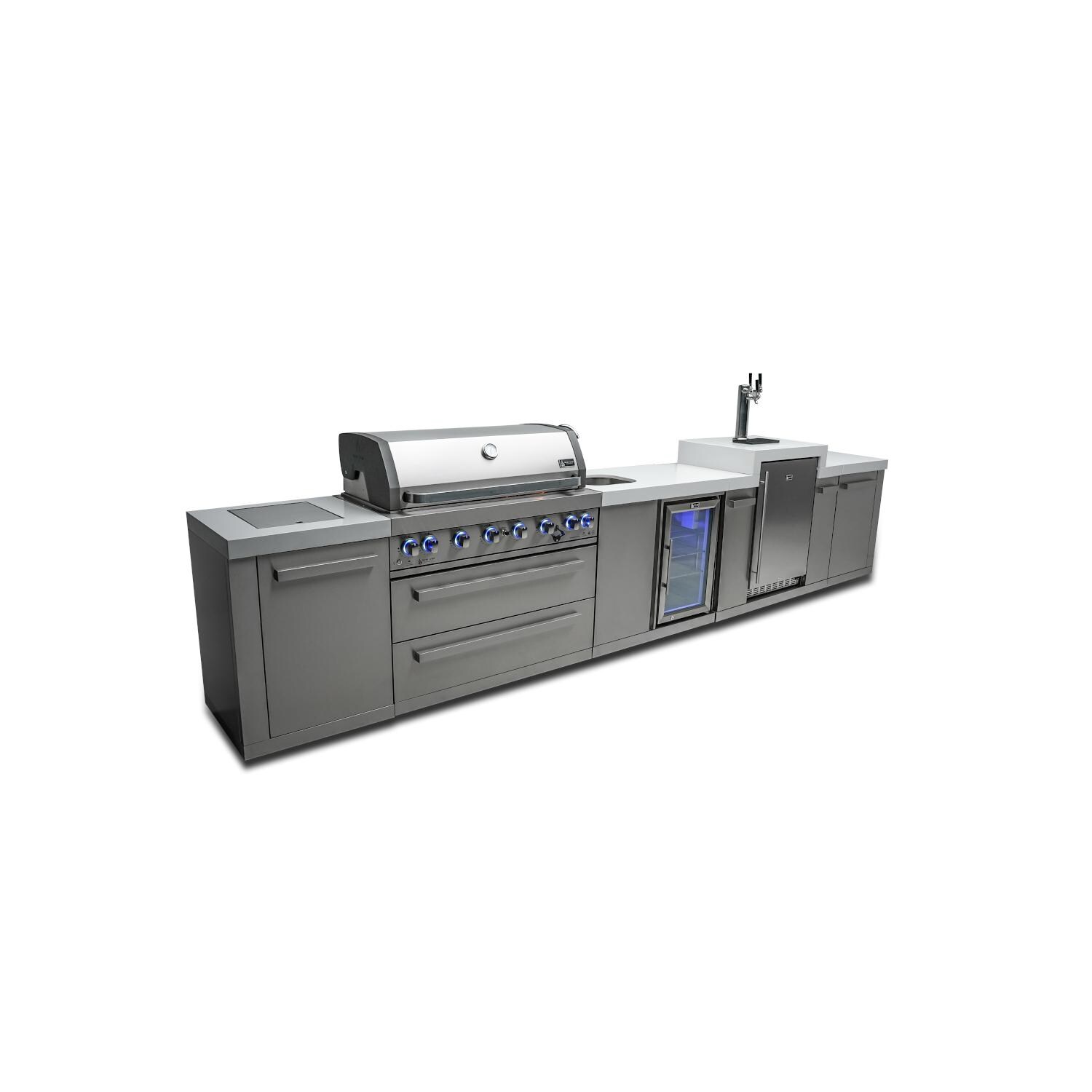 Original Series 15 Ft Propane Outdoor Kitchen Island w/ Side Burner, Beverage Center, & Kegerator - MAi805-KEGBEV