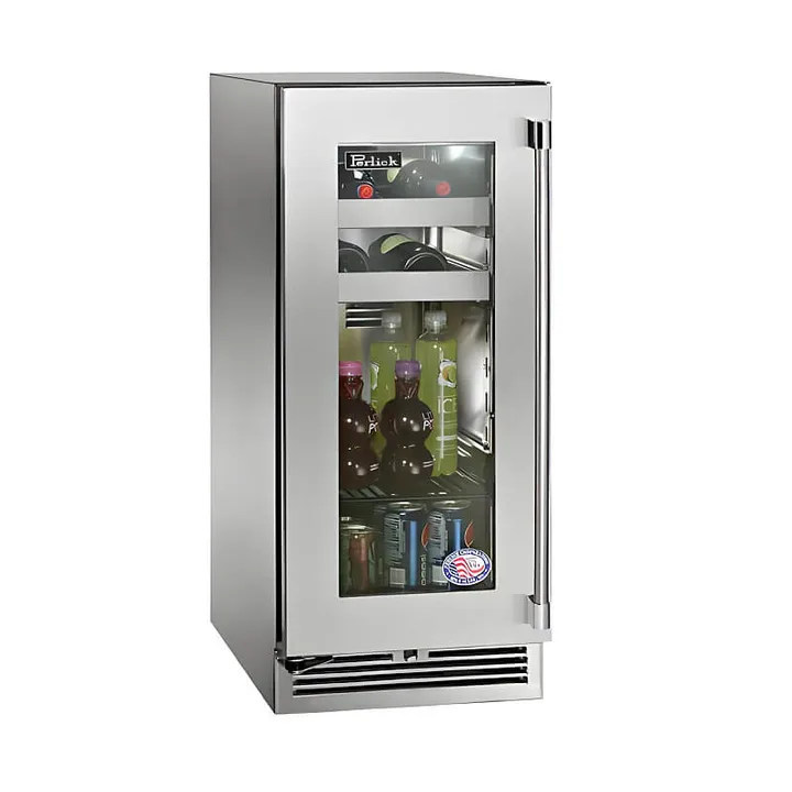 Perlick 15-Inch Signature Series Stainless Steel Glass Door Outdoor Beverage Center with Lock - Right Hinge