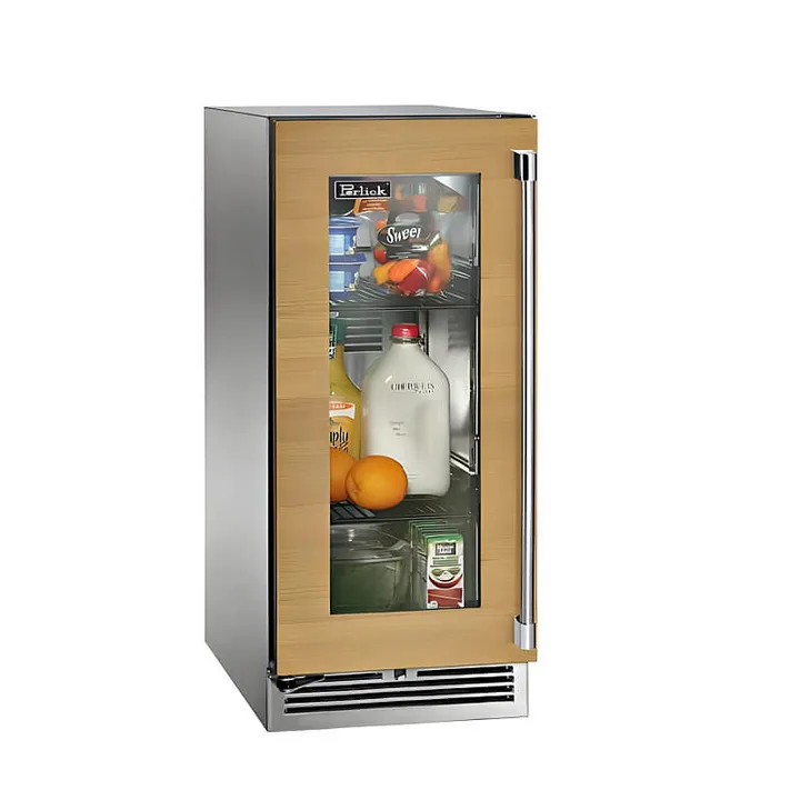 Perlick 15-Inch Signature Series Stainless Steel Panel Ready Glass Door Outdoor Refrigerator with Door Lock - HP15RO-4-4 - Right Side