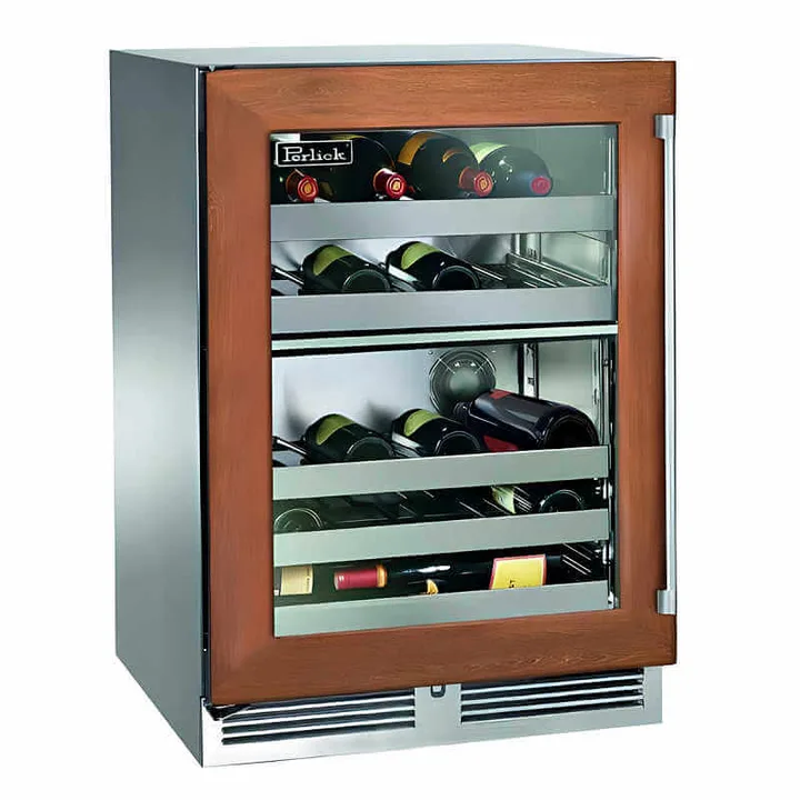 Perlick 24-Inch Signature Series Panel Ready Glass Door Outdoor Dual Zone Wine Cooler Reserve w/ Lock - HP24DO-4-4 - Left Hinge